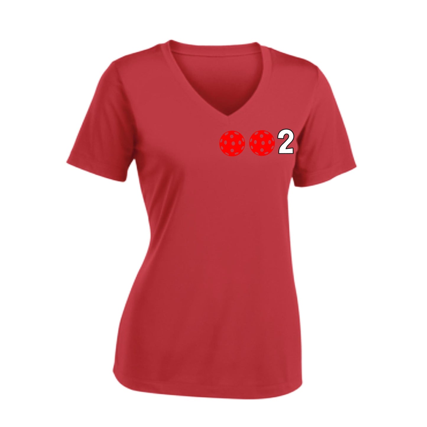 002 With Pickleballs (Colors Rainbow Red Cyan) Customizable | Women's Short Sleeve V-Neck Pickleball Performance T-Shirts | 100% Polyester