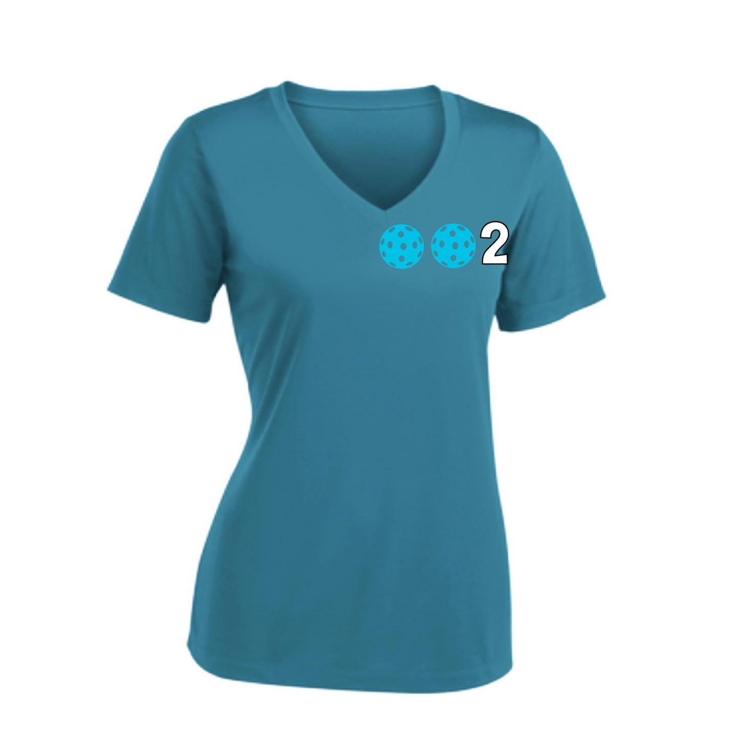 002 With Pickleballs (Colors Rainbow Red Cyan) Customizable | Women's Short Sleeve V-Neck Pickleball Performance T-Shirts | 100% Polyester