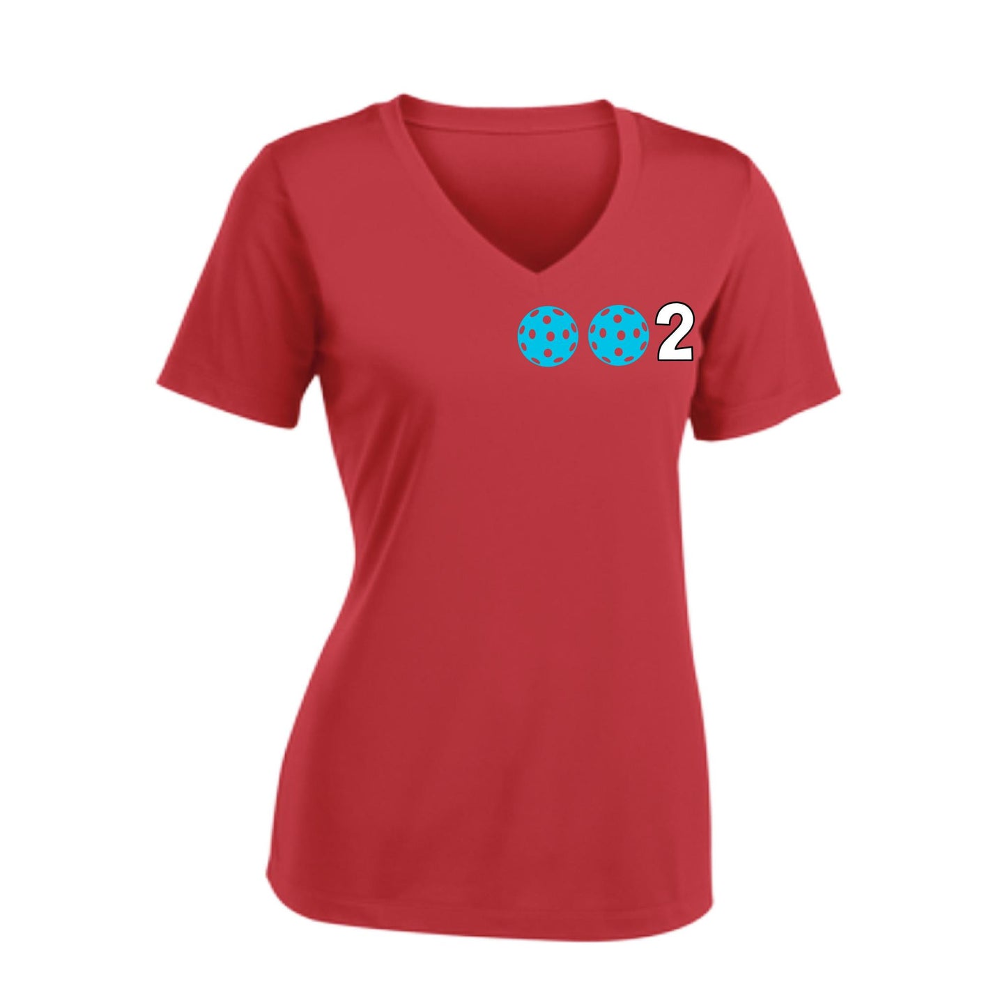 002 With Pickleballs (Colors Rainbow Red Cyan) Customizable | Women's Short Sleeve V-Neck Pickleball Performance T-Shirts | 100% Polyester
