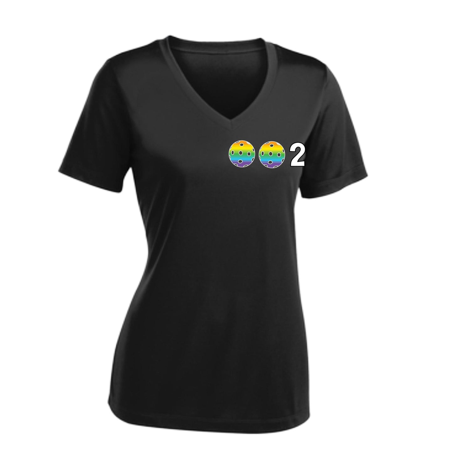 002 With Pickleballs (Colors Rainbow Red Cyan) Customizable | Women's Short Sleeve V-Neck Pickleball Performance T-Shirts | 100% Polyester