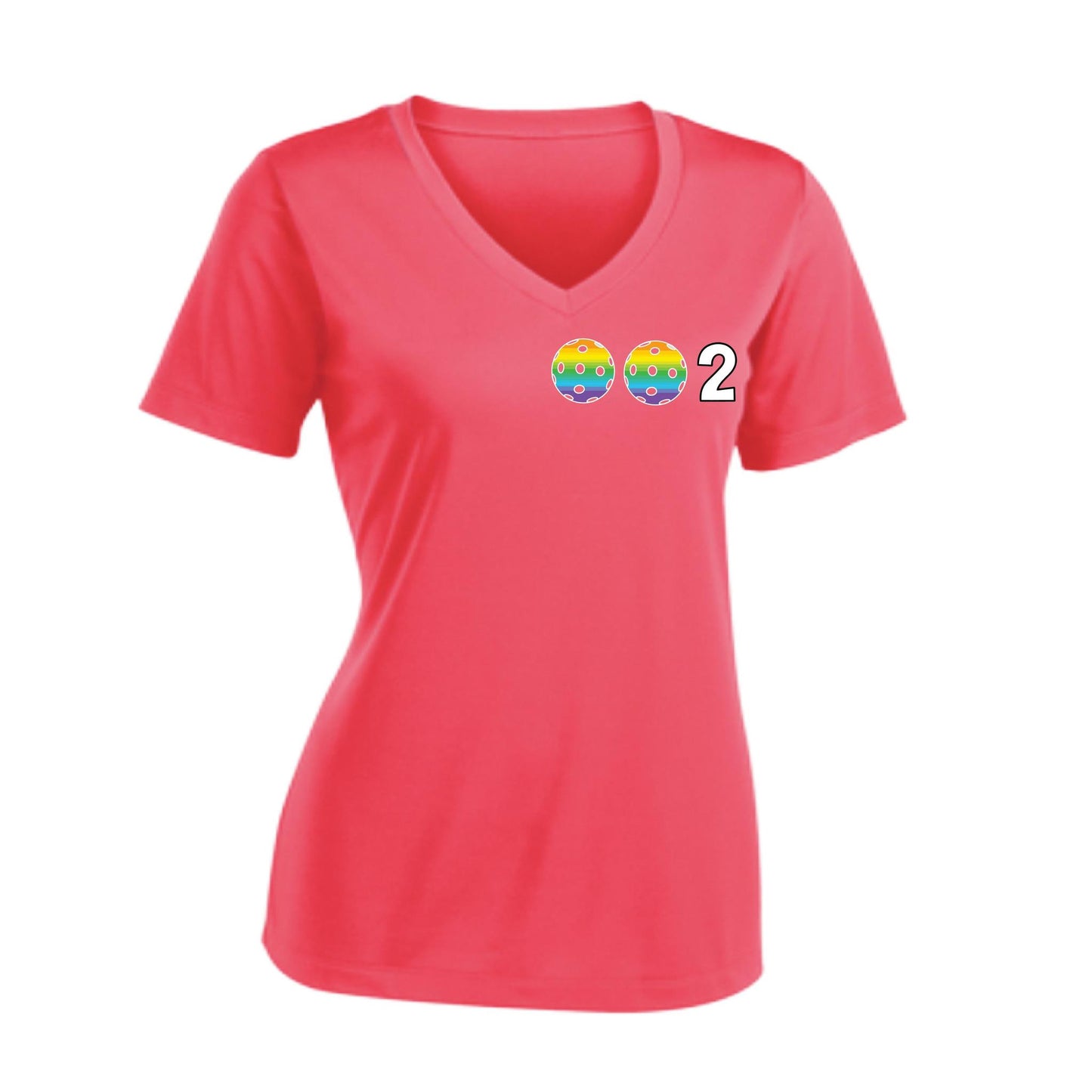 002 With Pickleballs (Colors Rainbow Red Cyan) Customizable | Women's Short Sleeve V-Neck Pickleball Performance T-Shirts | 100% Polyester