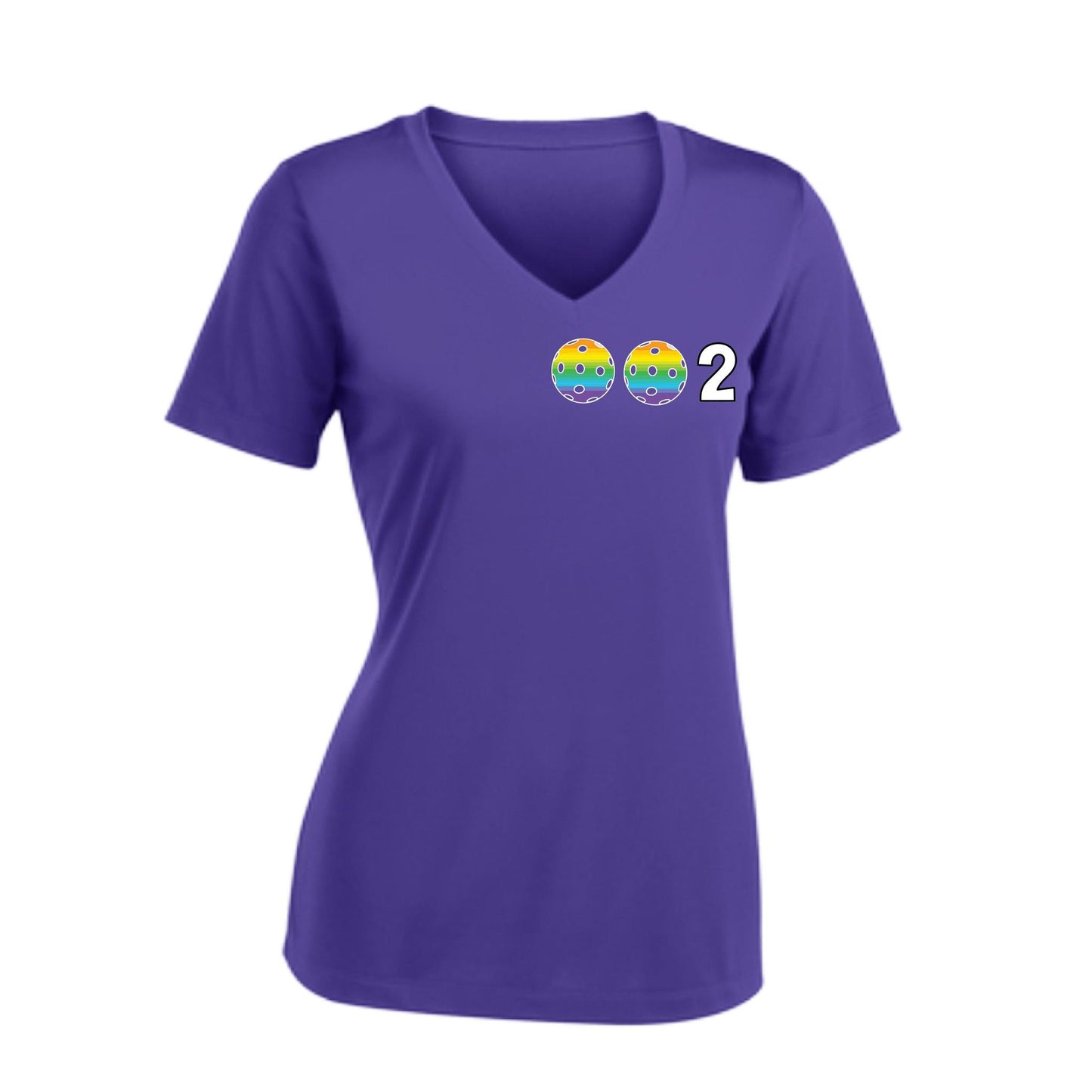 002 With Pickleballs (Colors Rainbow Red Cyan) Customizable | Women's Short Sleeve V-Neck Pickleball Performance T-Shirts | 100% Polyester