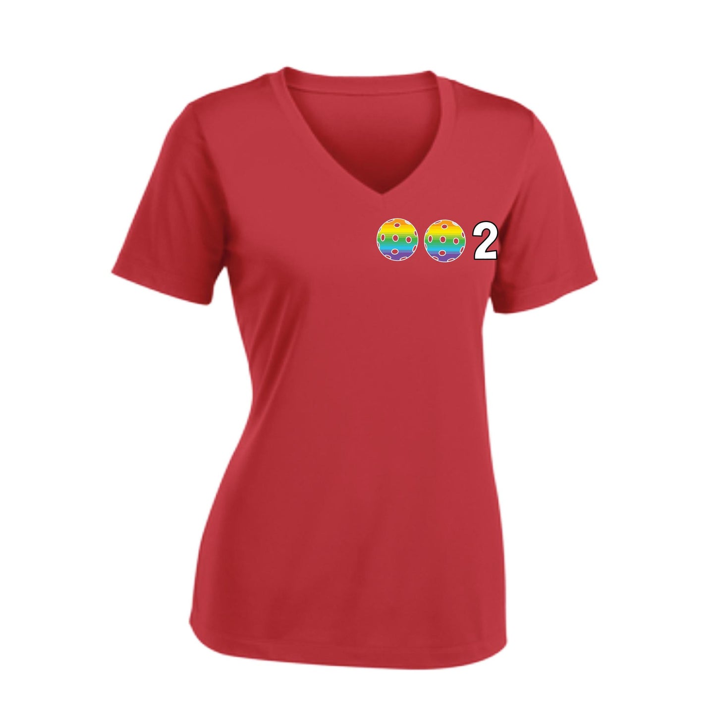 002 With Pickleballs (Colors Rainbow Red Cyan) Customizable | Women's Short Sleeve V-Neck Pickleball Performance T-Shirts | 100% Polyester