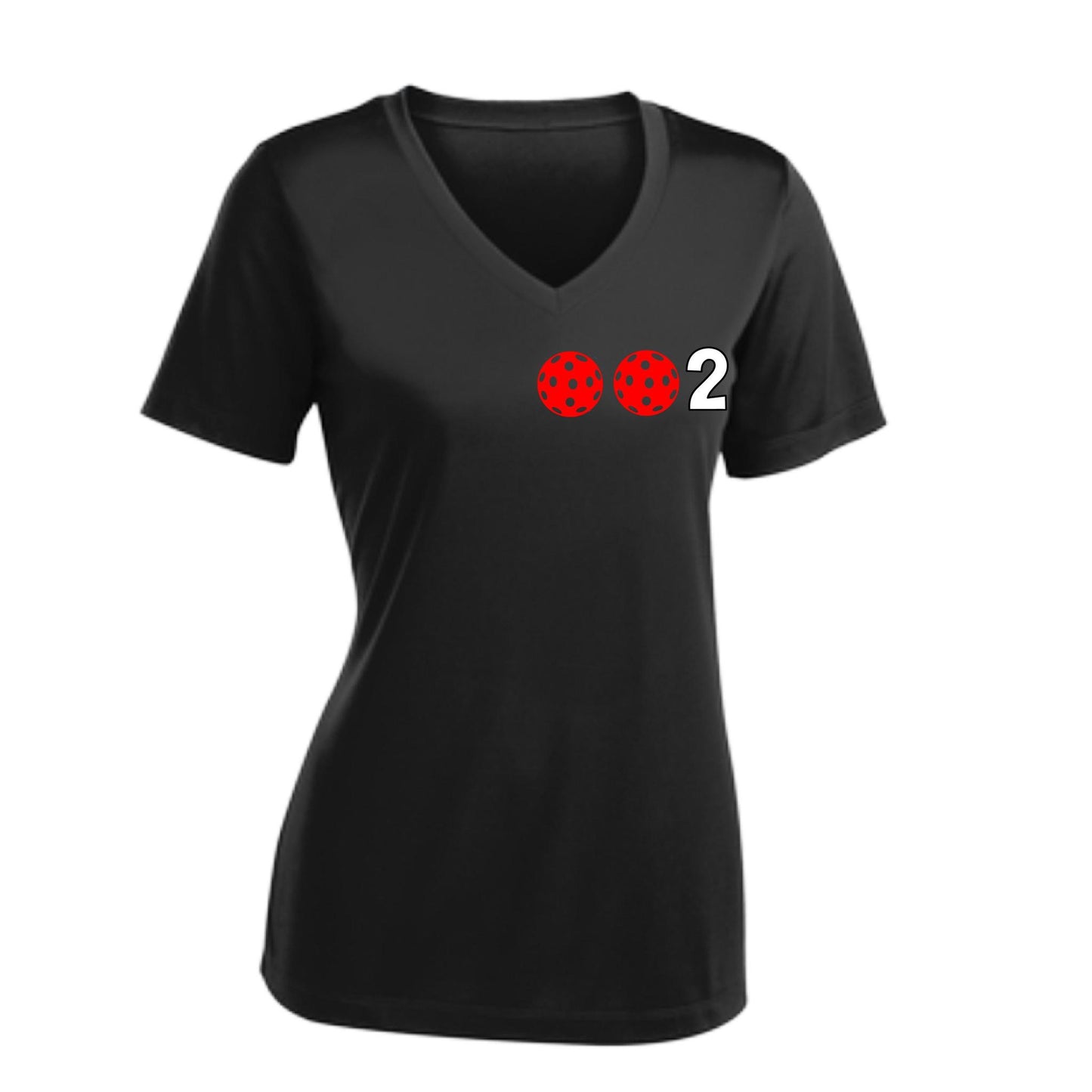 002 With Pickleballs (Colors Rainbow Red Cyan) Customizable | Women's Short Sleeve V-Neck Pickleball Performance T-Shirts | 100% Polyester