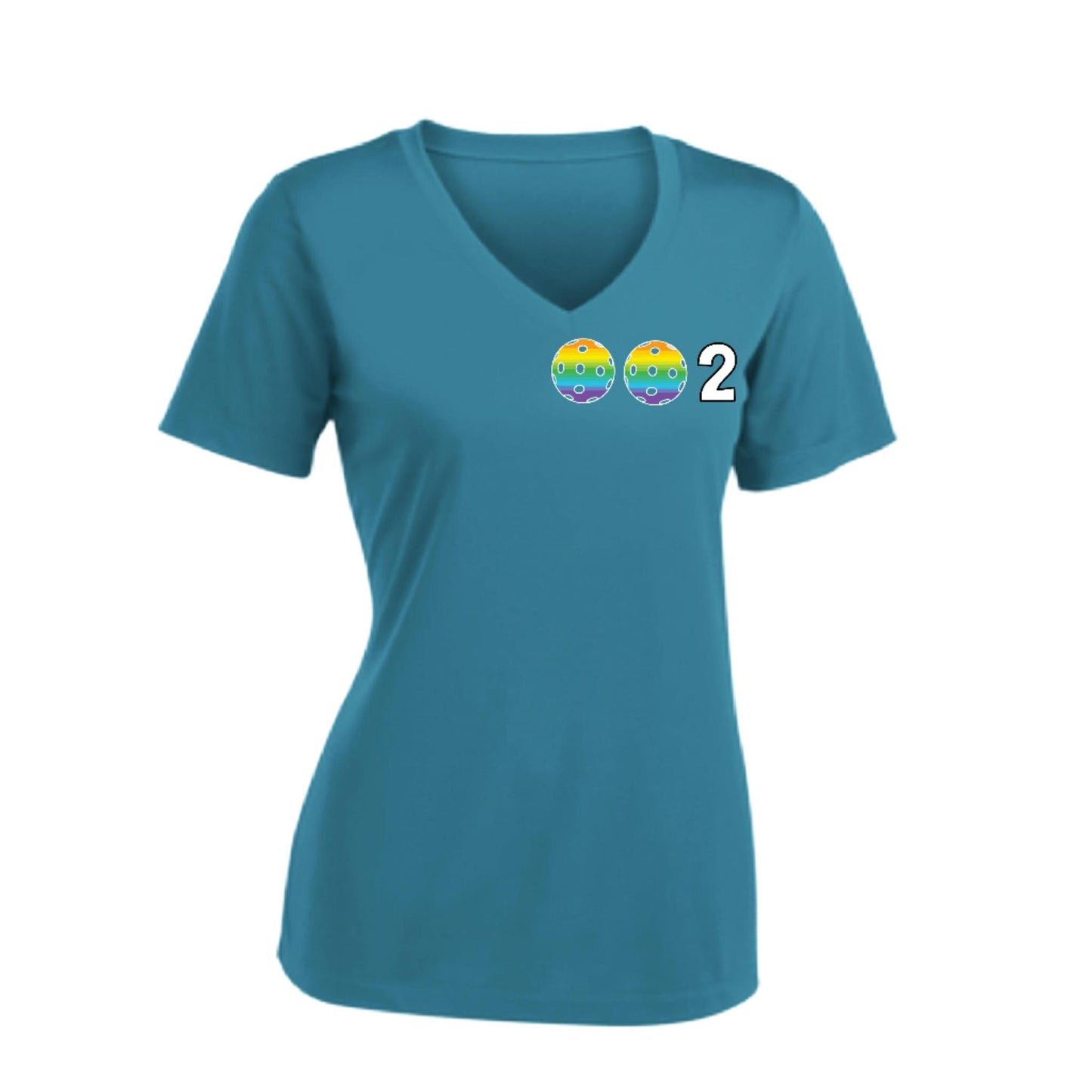 002 With Pickleballs (Colors Rainbow Red Cyan) Customizable | Women's Short Sleeve V-Neck Pickleball Performance T-Shirts | 100% Polyester