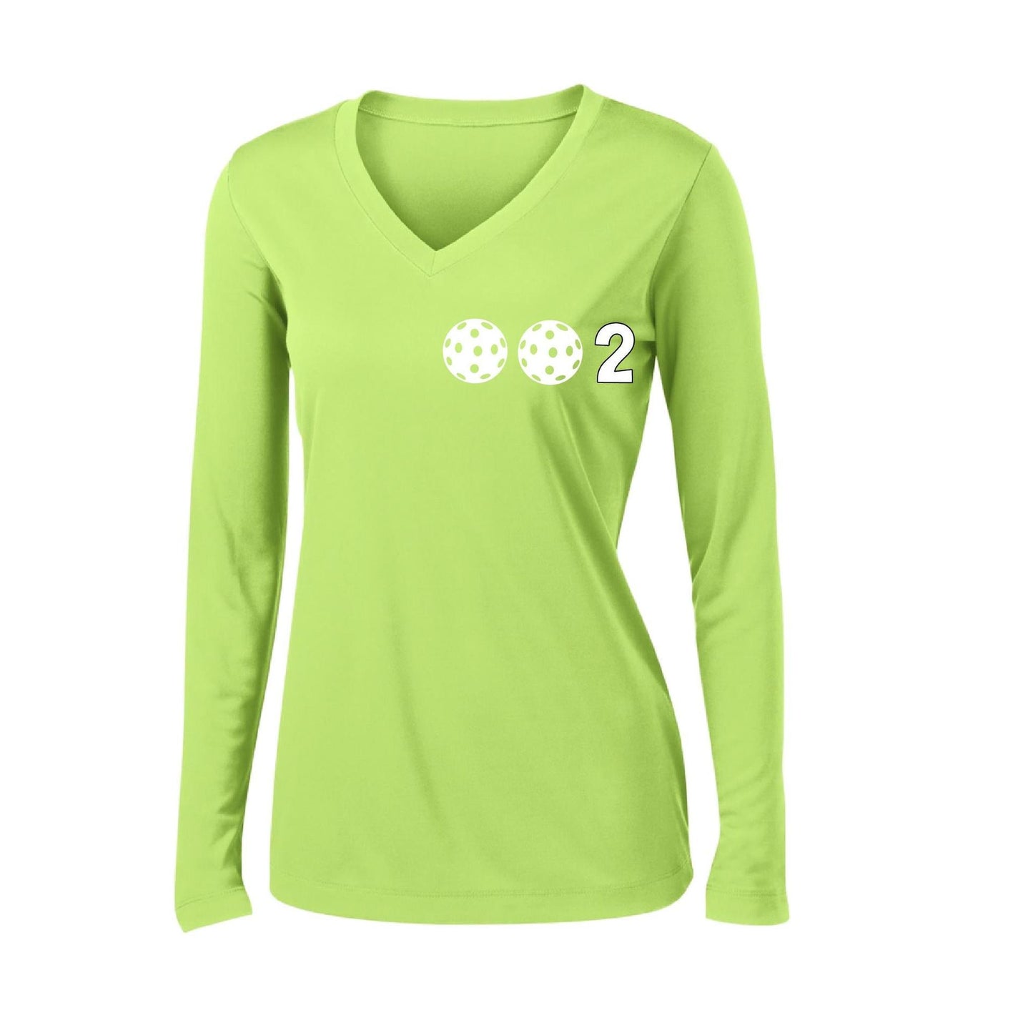 002 With Pickleballs (Colors Yellow Pink White) Customizable | Women's Long Sleeve V-Neck Pickleball Performance T-Shirts | 100% Polyester