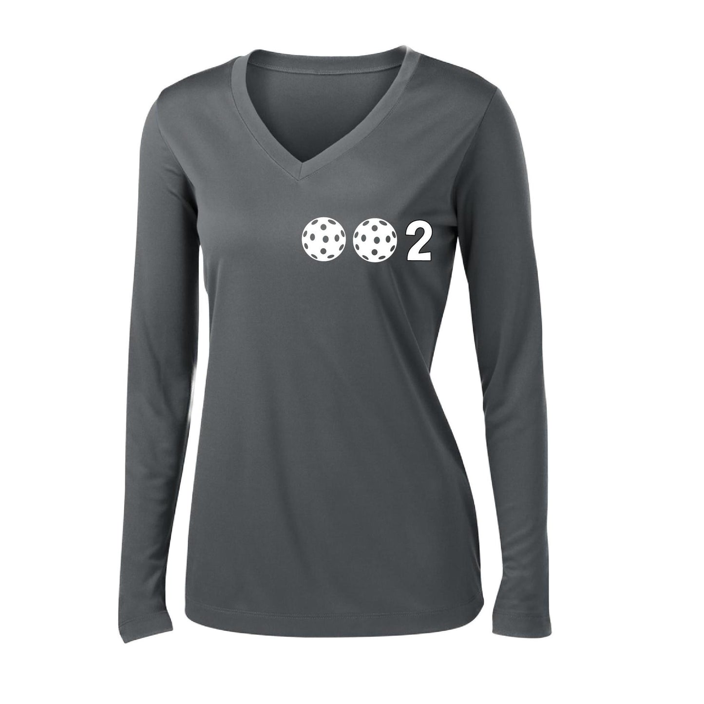 002 With Pickleballs (Colors Yellow Pink White) Customizable | Women's Long Sleeve V-Neck Pickleball Performance T-Shirts | 100% Polyester