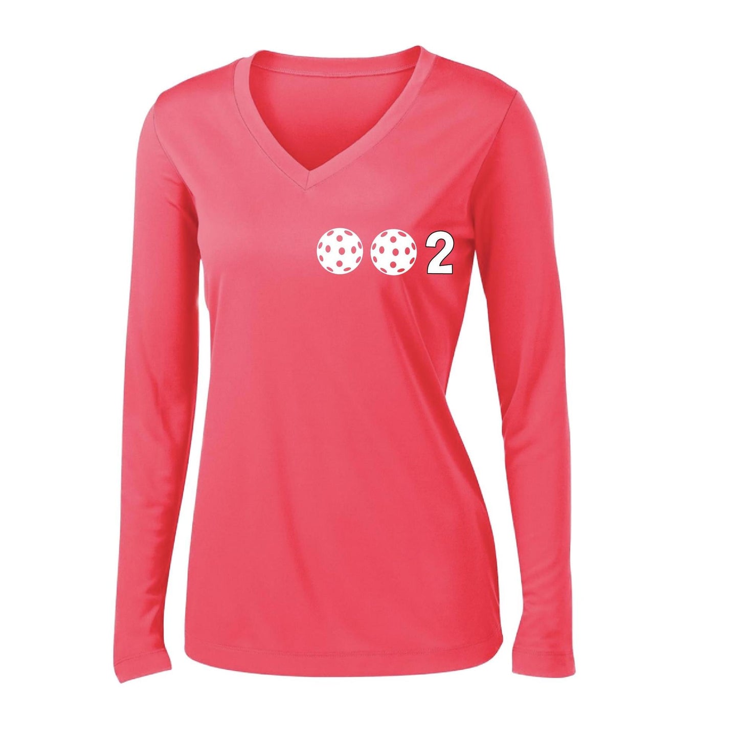 002 With Pickleballs (Colors Yellow Pink White) Customizable | Women's Long Sleeve V-Neck Pickleball Performance T-Shirts | 100% Polyester