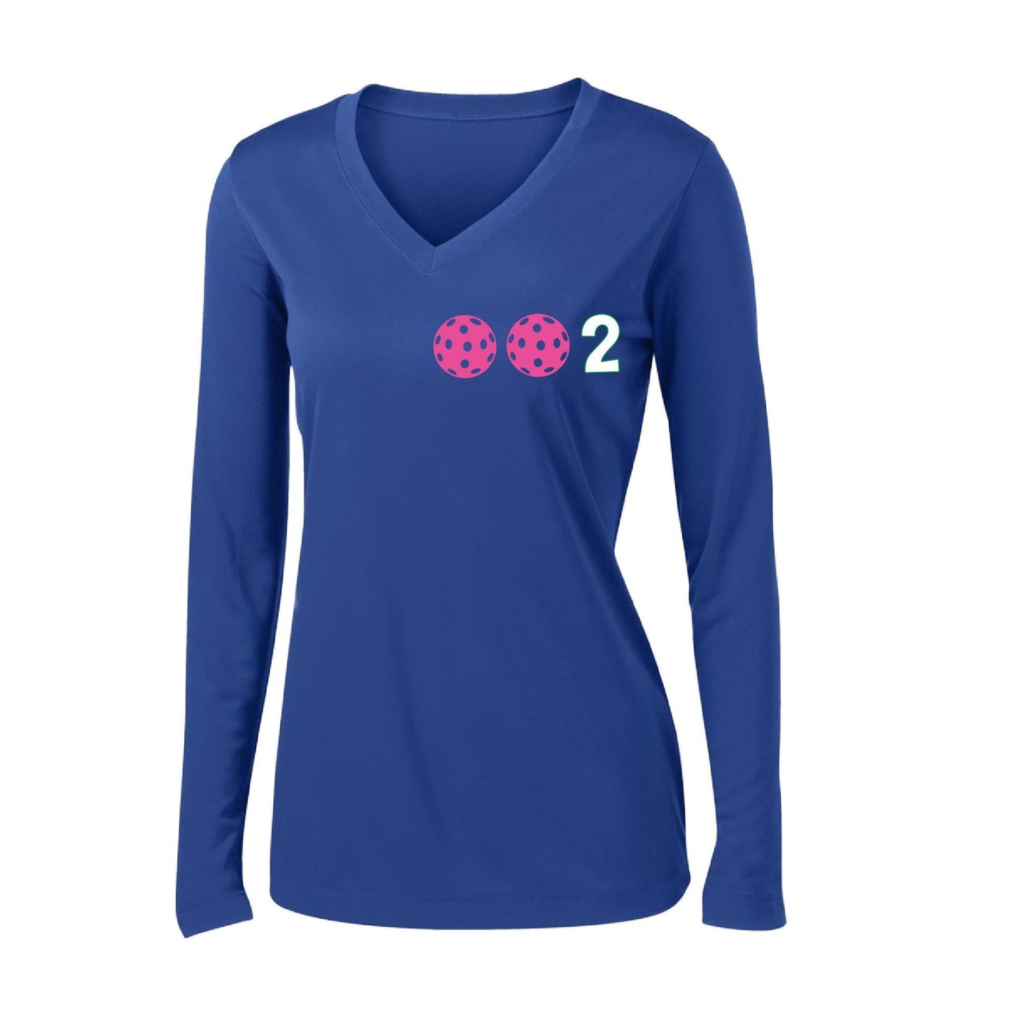 002 With Pickleballs (Colors Yellow Pink White) Customizable | Women's Long Sleeve V-Neck Pickleball Performance T-Shirts | 100% Polyester