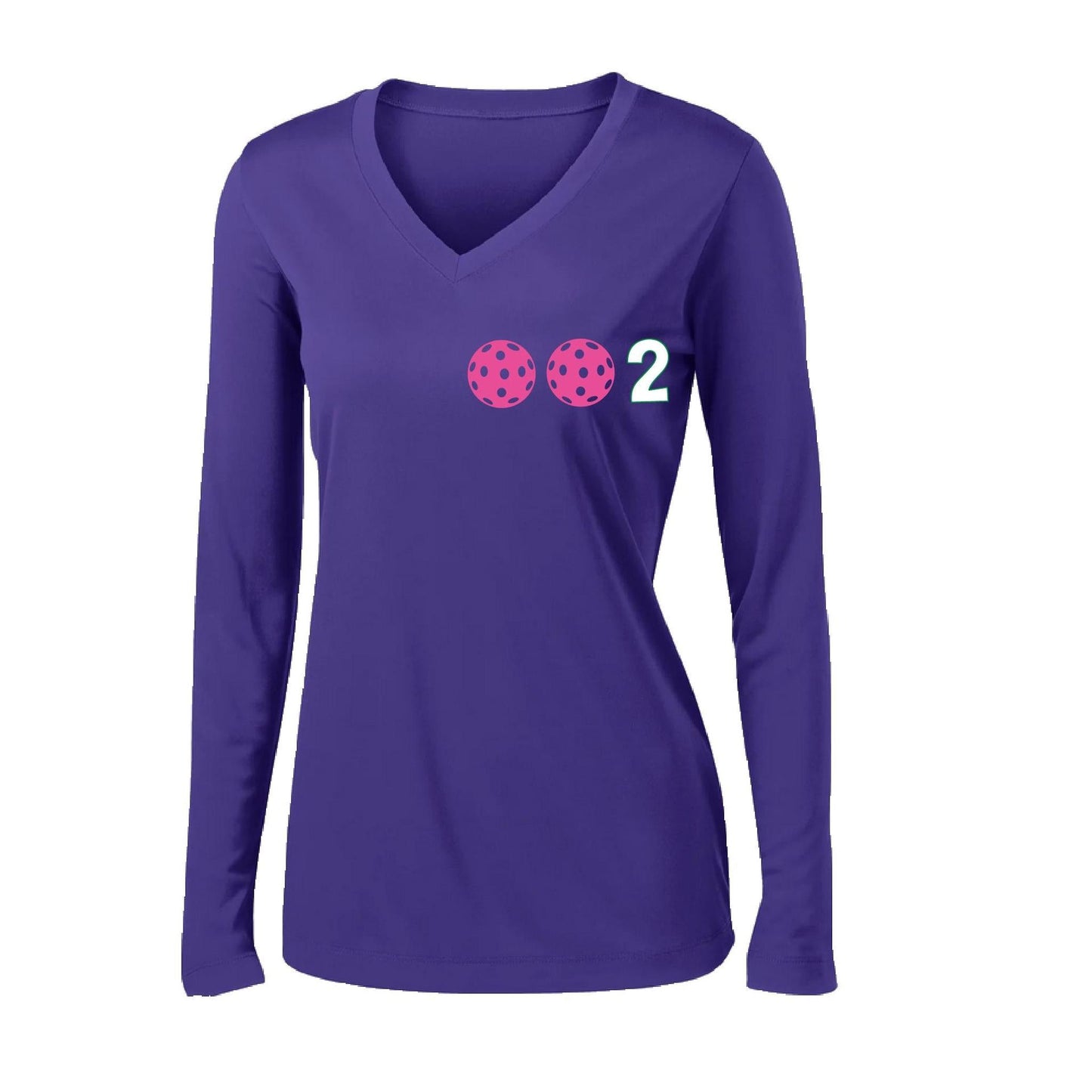 002 With Pickleballs (Colors Yellow Pink White) Customizable | Women's Long Sleeve V-Neck Pickleball Performance T-Shirts | 100% Polyester