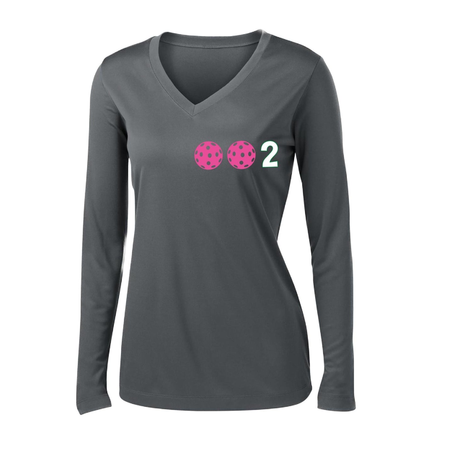 002 With Pickleballs (Colors Yellow Pink White) Customizable | Women's Long Sleeve V-Neck Pickleball Performance T-Shirts | 100% Polyester