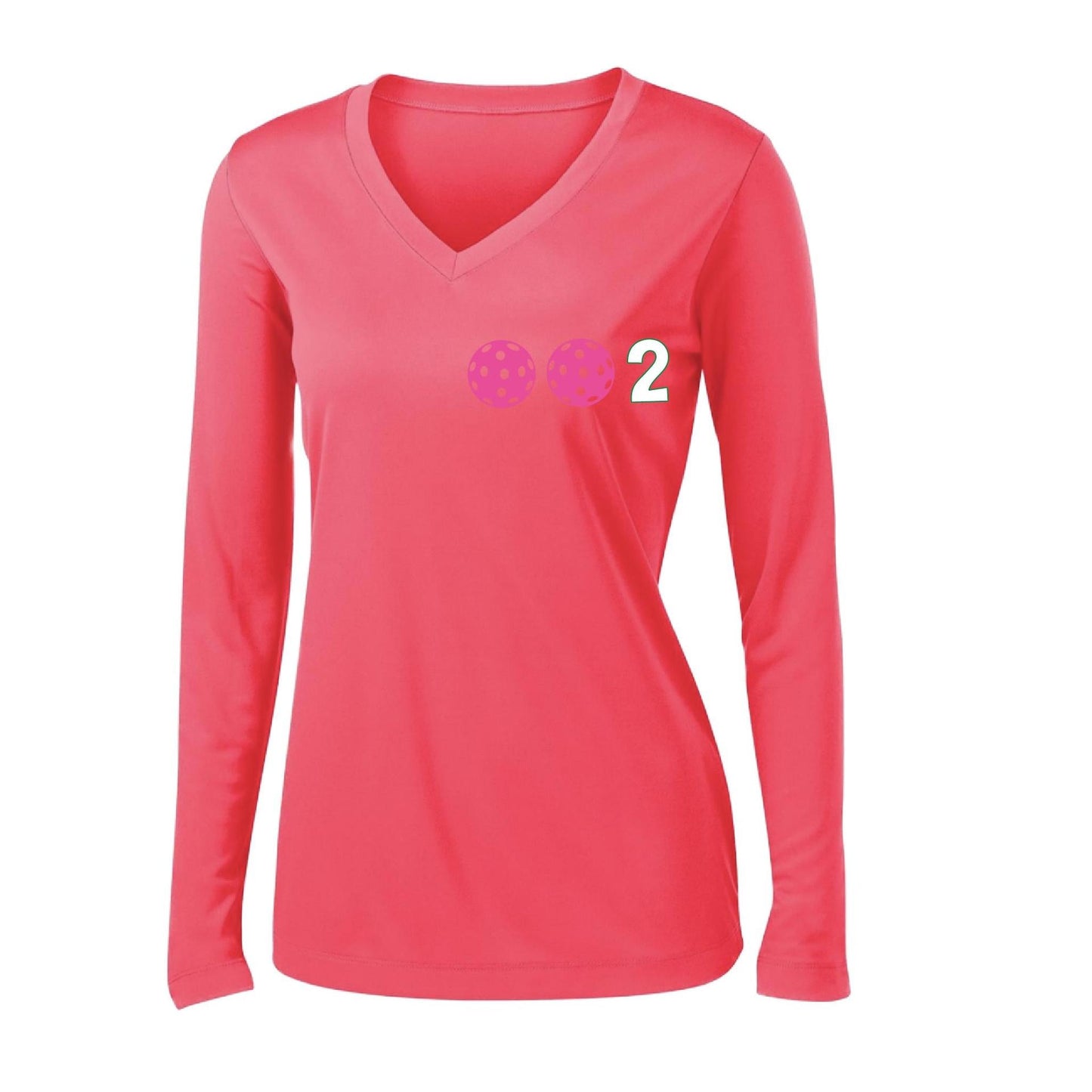 002 With Pickleballs (Colors Yellow Pink White) Customizable | Women's Long Sleeve V-Neck Pickleball Performance T-Shirts | 100% Polyester