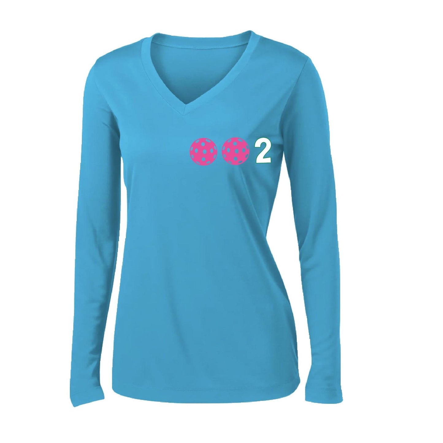 002 With Pickleballs (Colors Yellow Pink White) Customizable | Women's Long Sleeve V-Neck Pickleball Performance T-Shirts | 100% Polyester