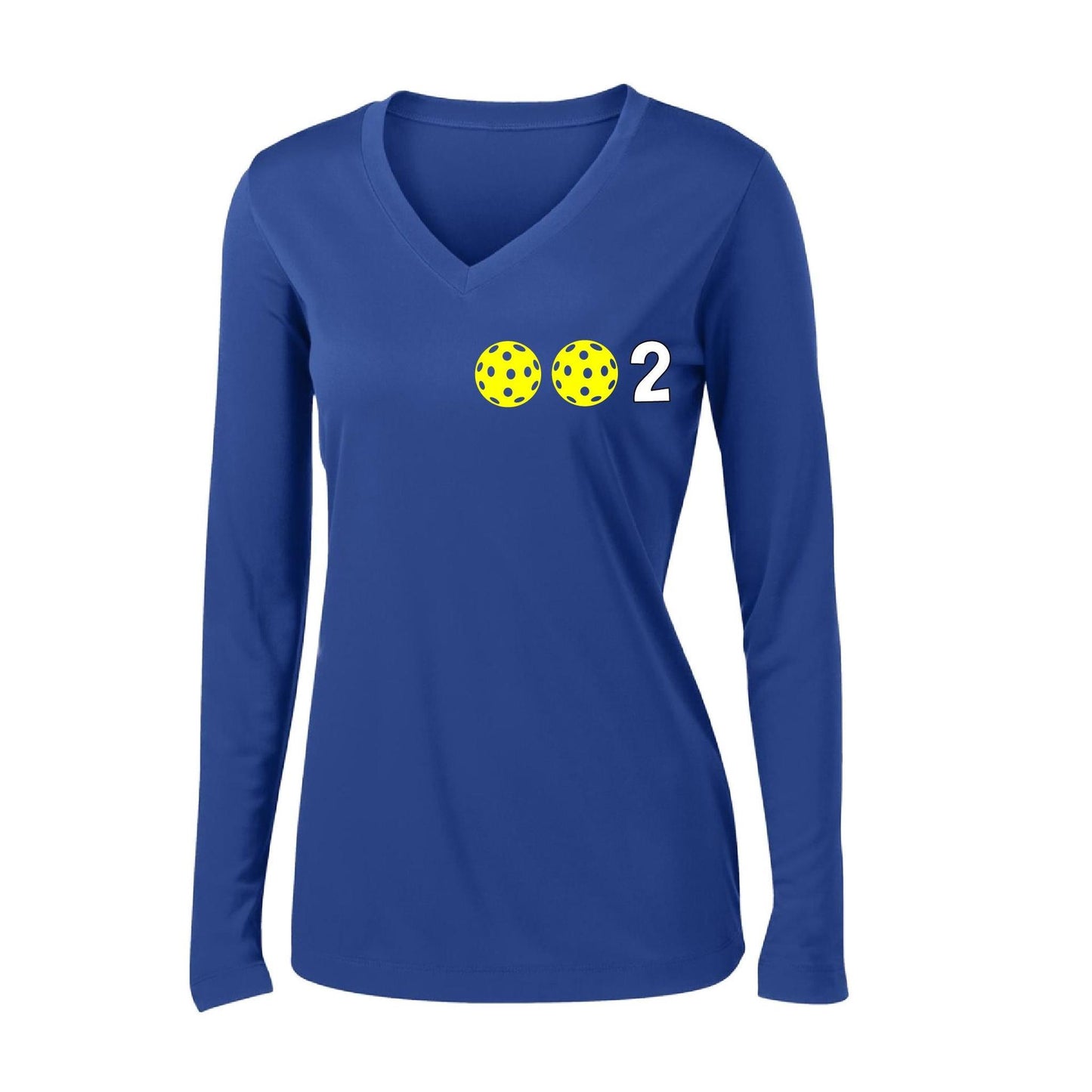 002 With Pickleballs (Colors Yellow Pink White) Customizable | Women's Long Sleeve V-Neck Pickleball Performance T-Shirts | 100% Polyester