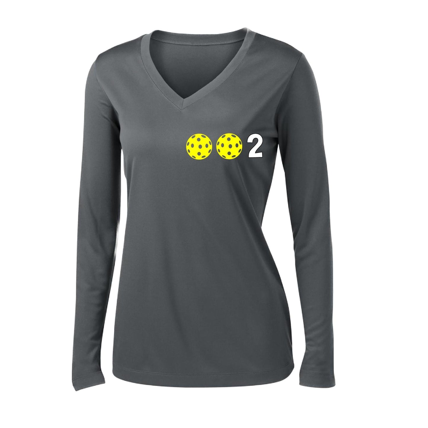 002 With Pickleballs (Colors Yellow Pink White) Customizable | Women's Long Sleeve V-Neck Pickleball Performance T-Shirts | 100% Polyester