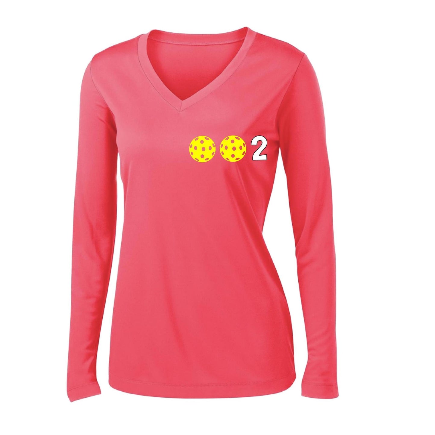 002 With Pickleballs (Colors Yellow Pink White) Customizable | Women's Long Sleeve V-Neck Pickleball Performance T-Shirts | 100% Polyester