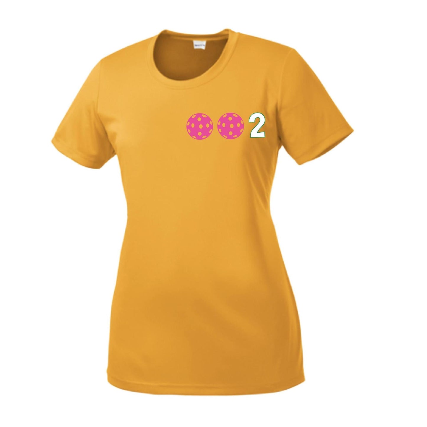 002 With Pickleballs (Yellow Pink White) Customizable | Women’s Short Sleeve Crewneck Pickleball Shirts | 100% Polyester