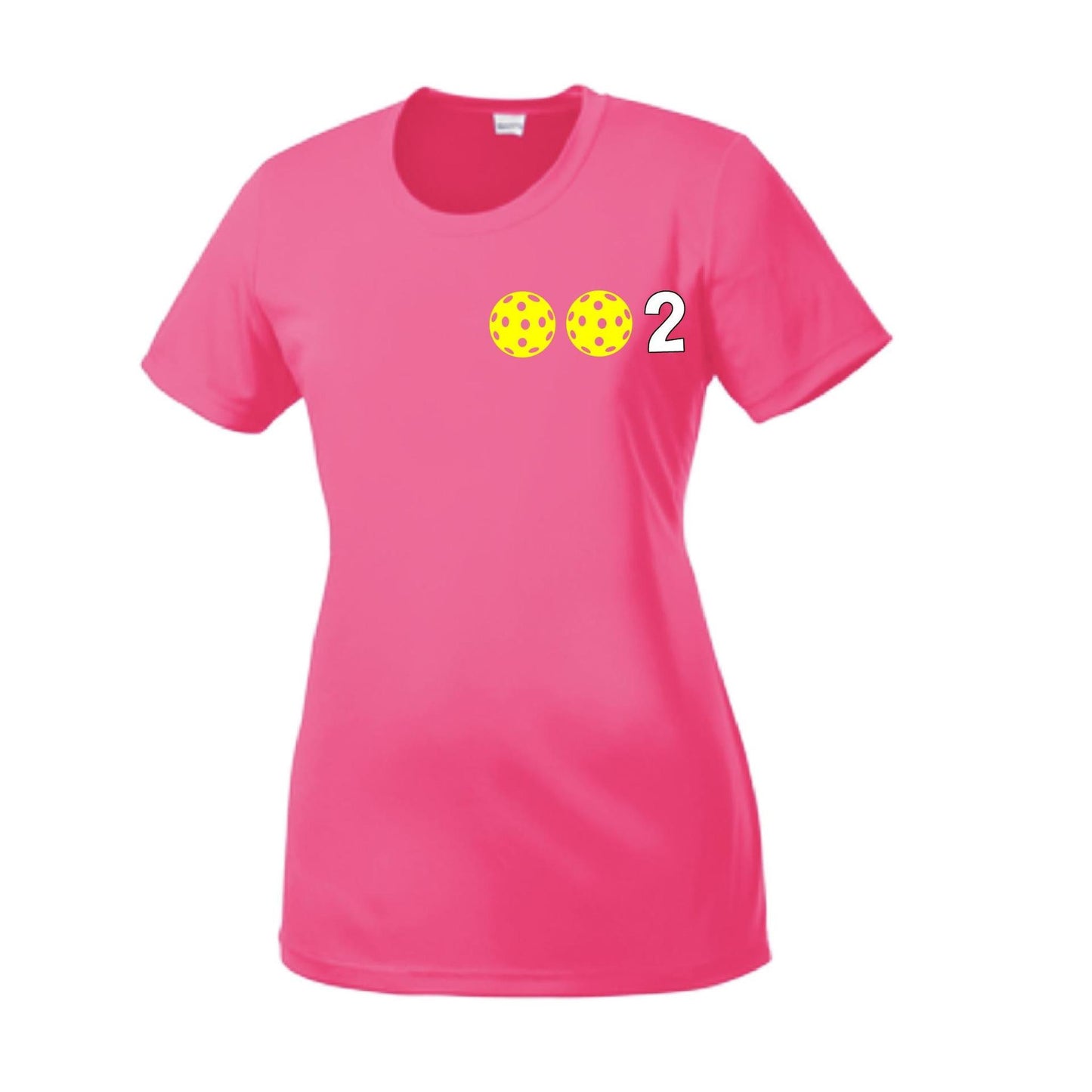 002 With Pickleballs (Yellow Pink White) Customizable | Women’s Short Sleeve Crewneck Pickleball Shirts | 100% Polyester