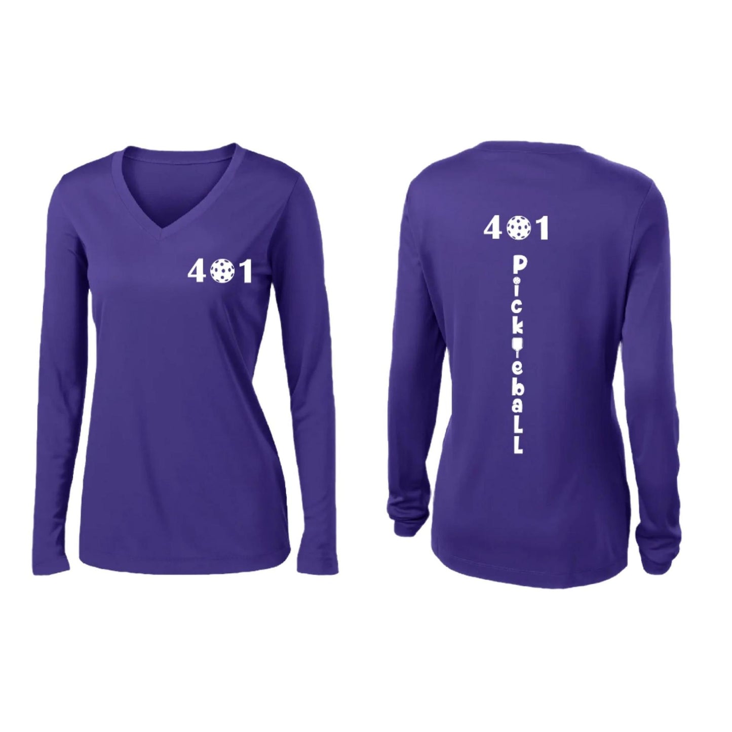 401 Rhode Island Pickleball Club | Women's Long Sleeve V-Neck Pickleball Performance T-Shirts | 100% Polyester