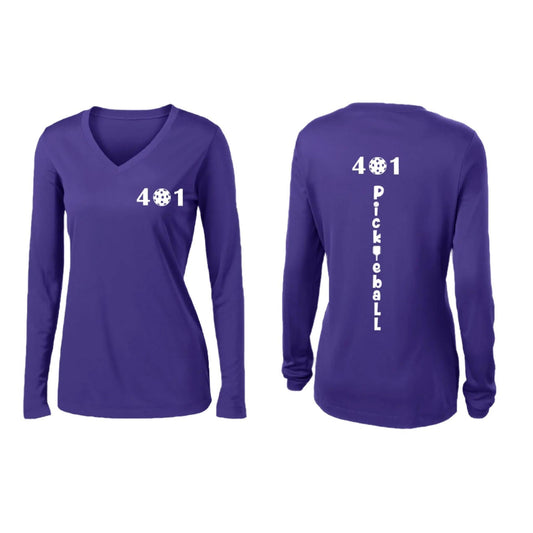 401 Rhode Island Pickleball Club | Women's Long Sleeve V-Neck Pickleball Performance T-Shirts | 100% Polyester