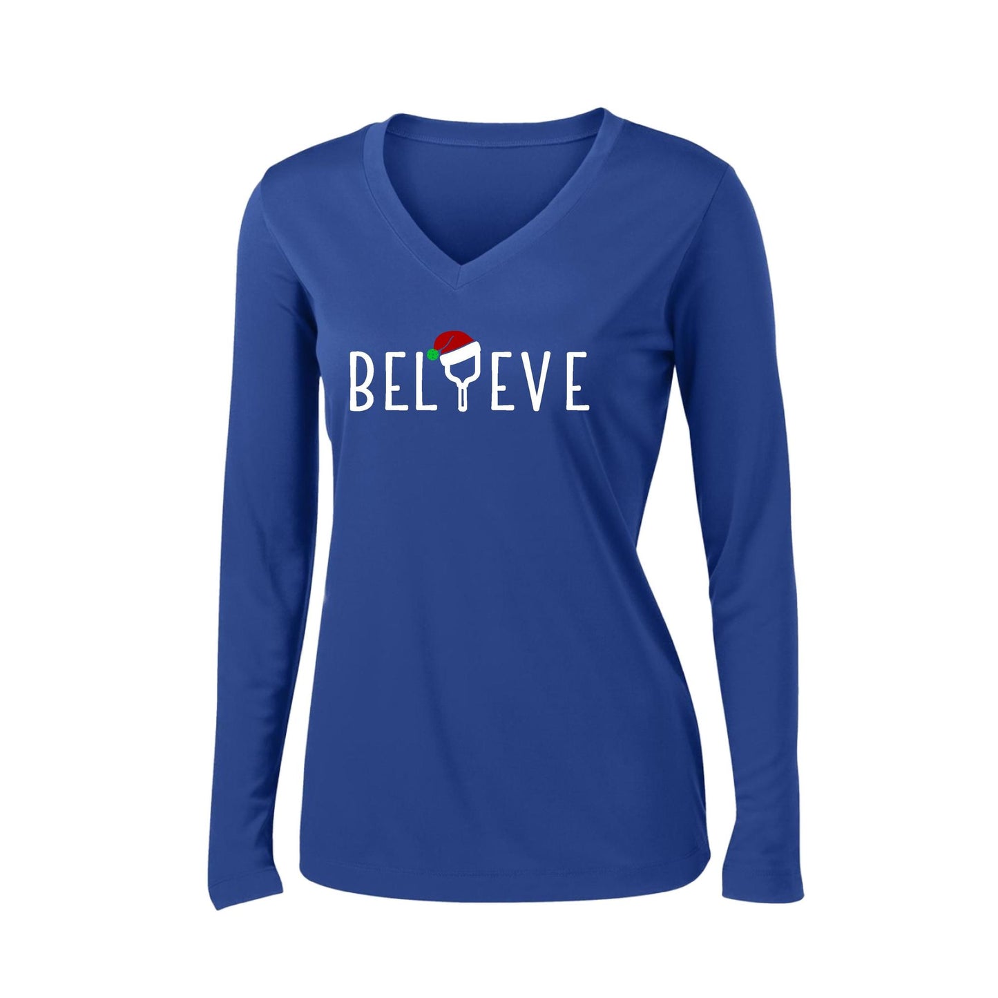 Believe | Women’s Long Sleeve V-Neck Performance T-Shirt | 100% Polyester