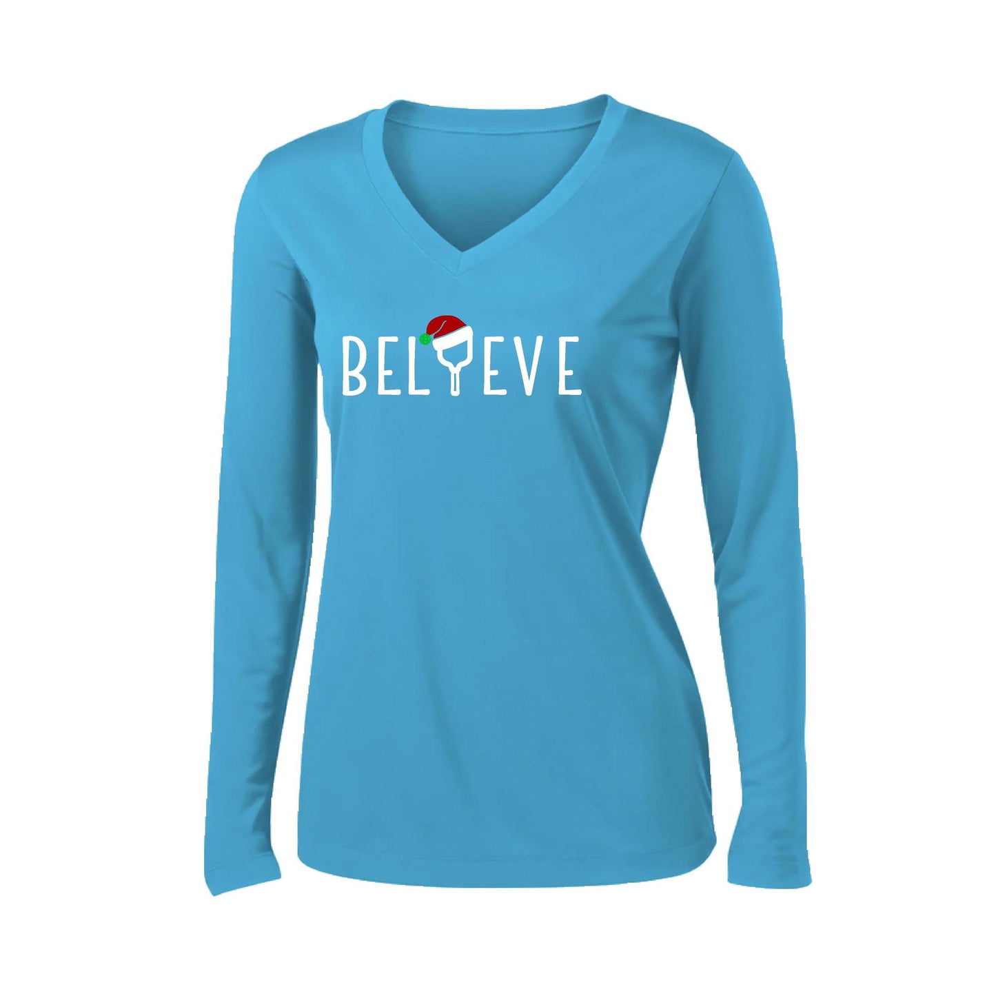 Believe | Women’s Long Sleeve V-Neck Performance T-Shirt | 100% Polyester
