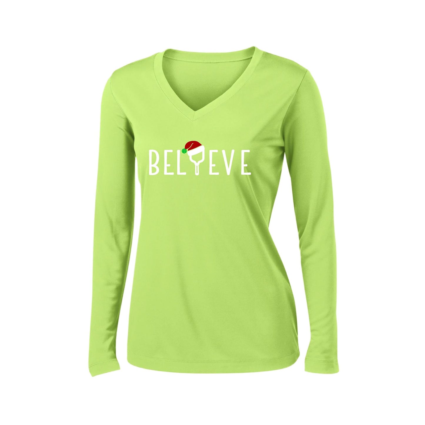 Believe | Women’s Long Sleeve V-Neck Performance T-Shirt | 100% Polyester