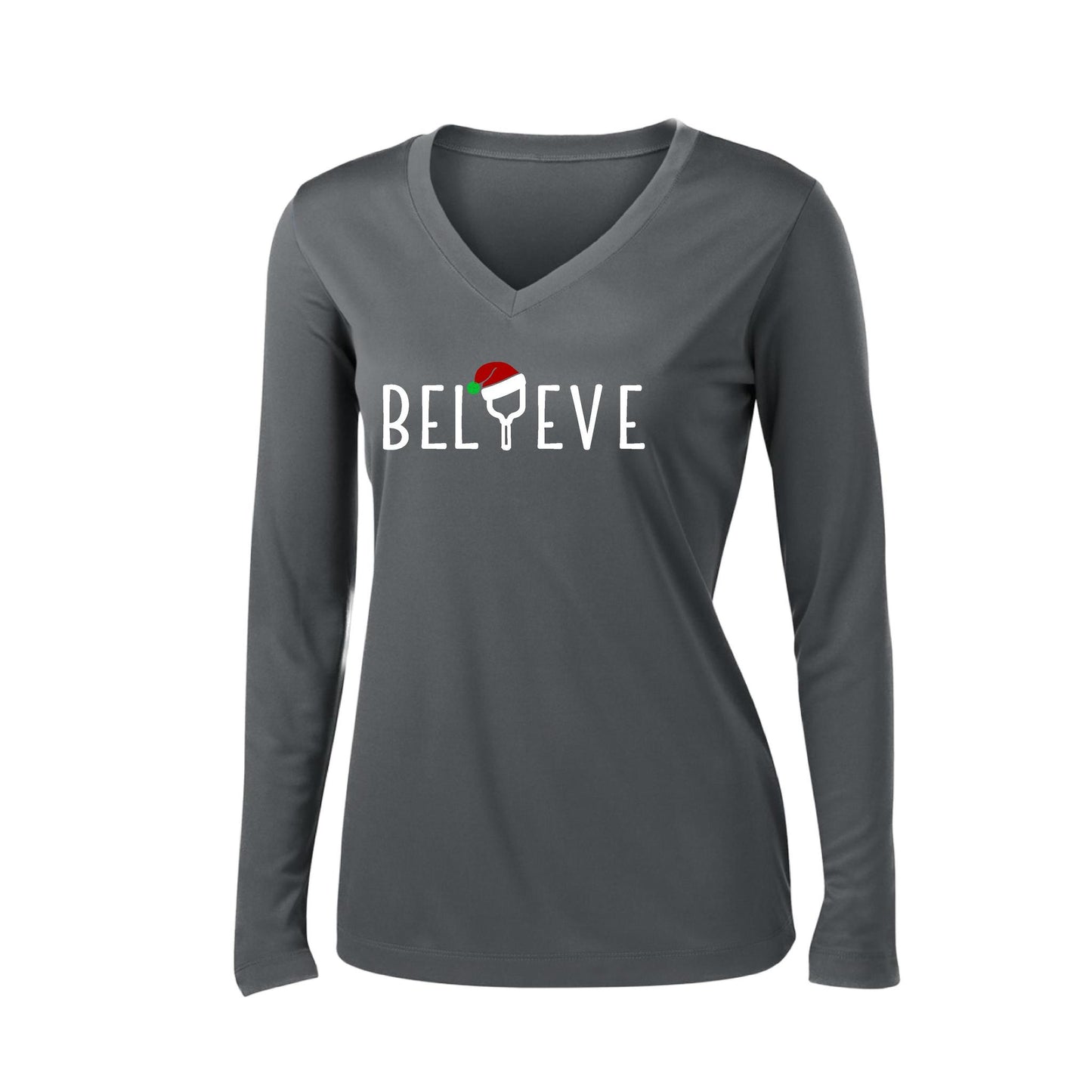 Believe | Women’s Long Sleeve V-Neck Performance T-Shirt | 100% Polyester