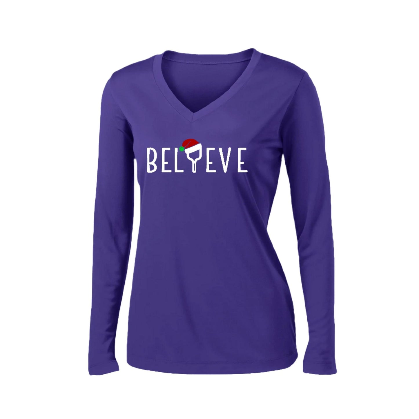 Believe | Women’s Long Sleeve V-Neck Performance T-Shirt | 100% Polyester