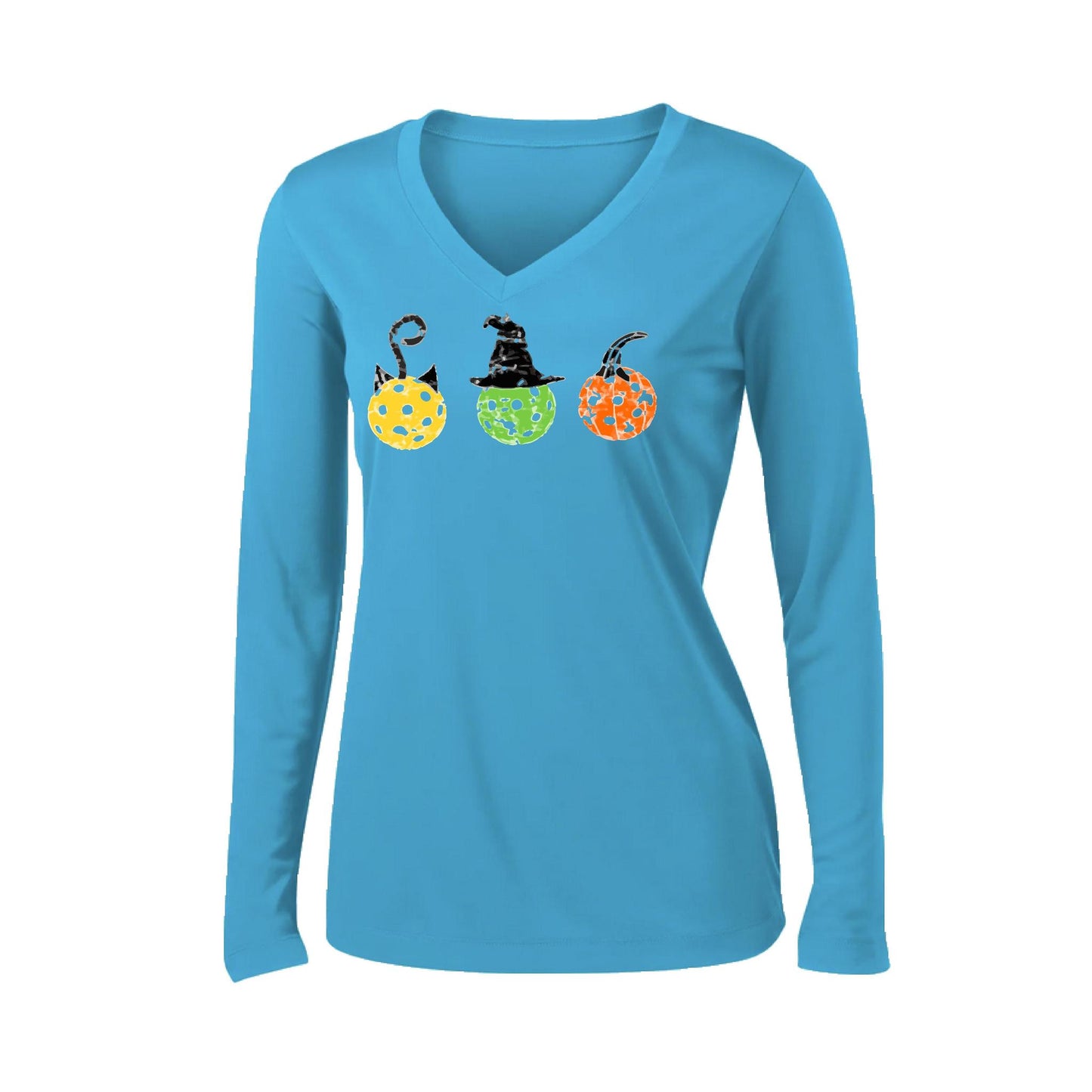 Cat Witch Pumpkin | Women’s Long Sleeve V-Neck Performance T-Shirt | 100% Polyester