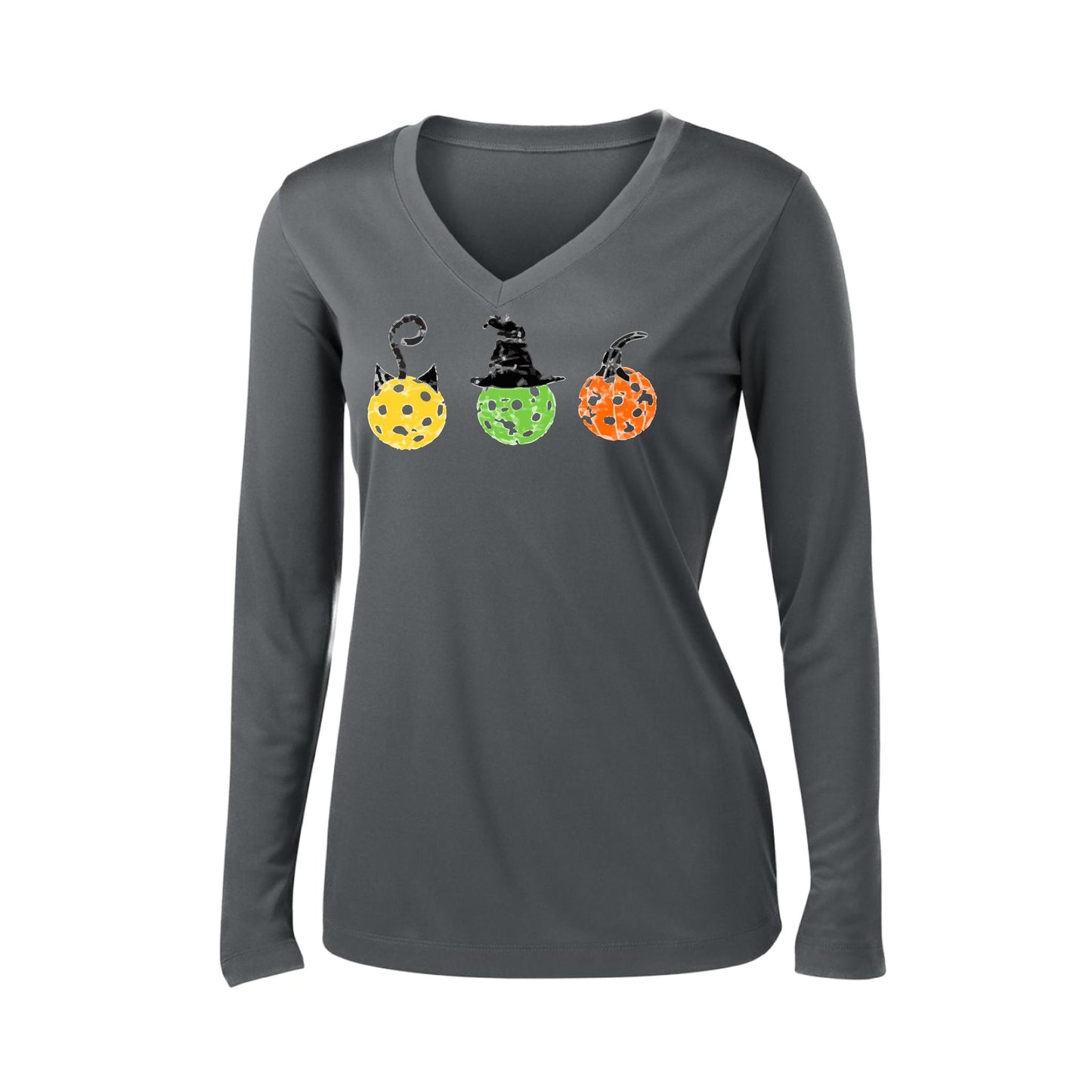 Cat Witch Pumpkin | Women’s Long Sleeve V-Neck Performance T-Shirt | 100% Polyester