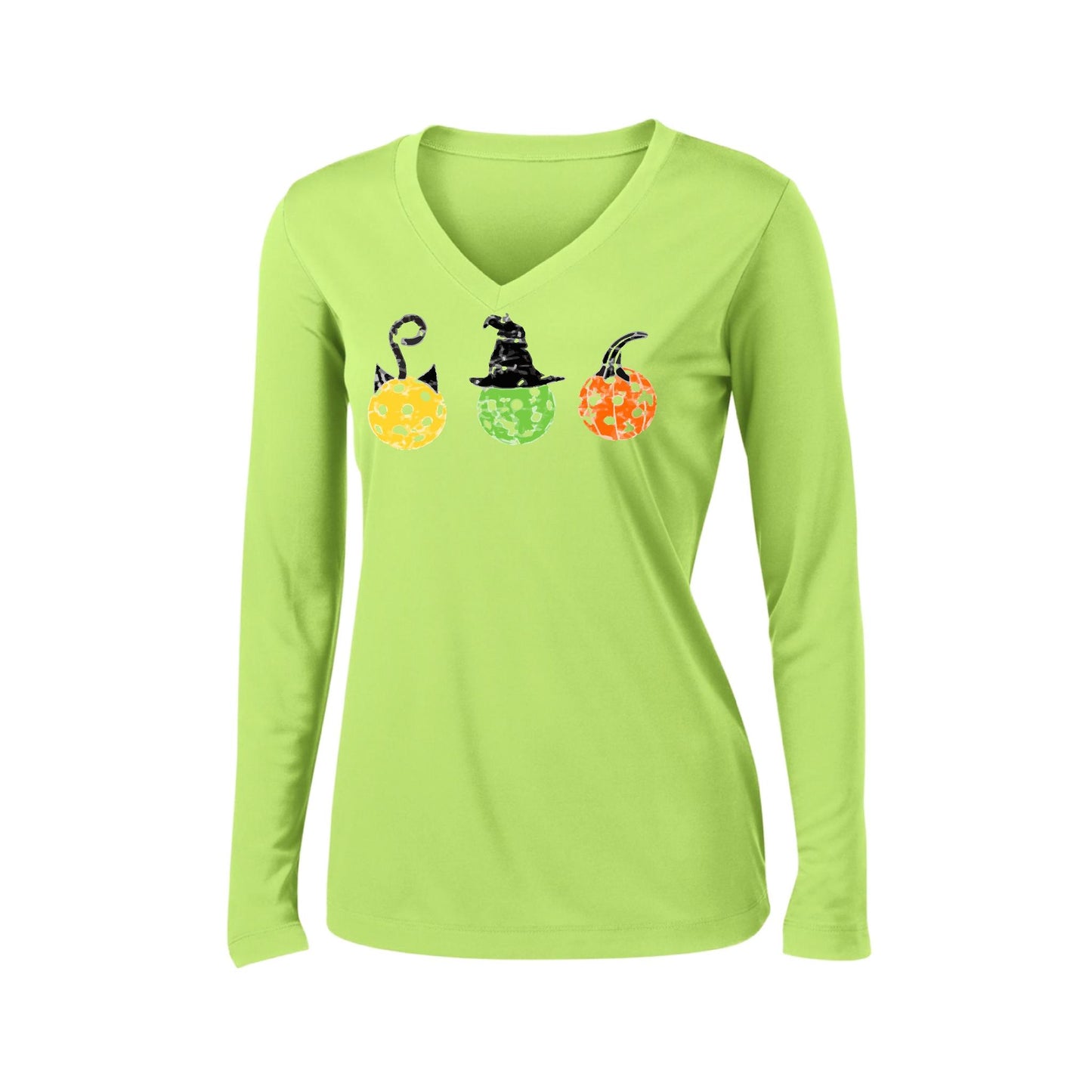 Cat Witch Pumpkin | Women’s Long Sleeve V-Neck Performance T-Shirt | 100% Polyester