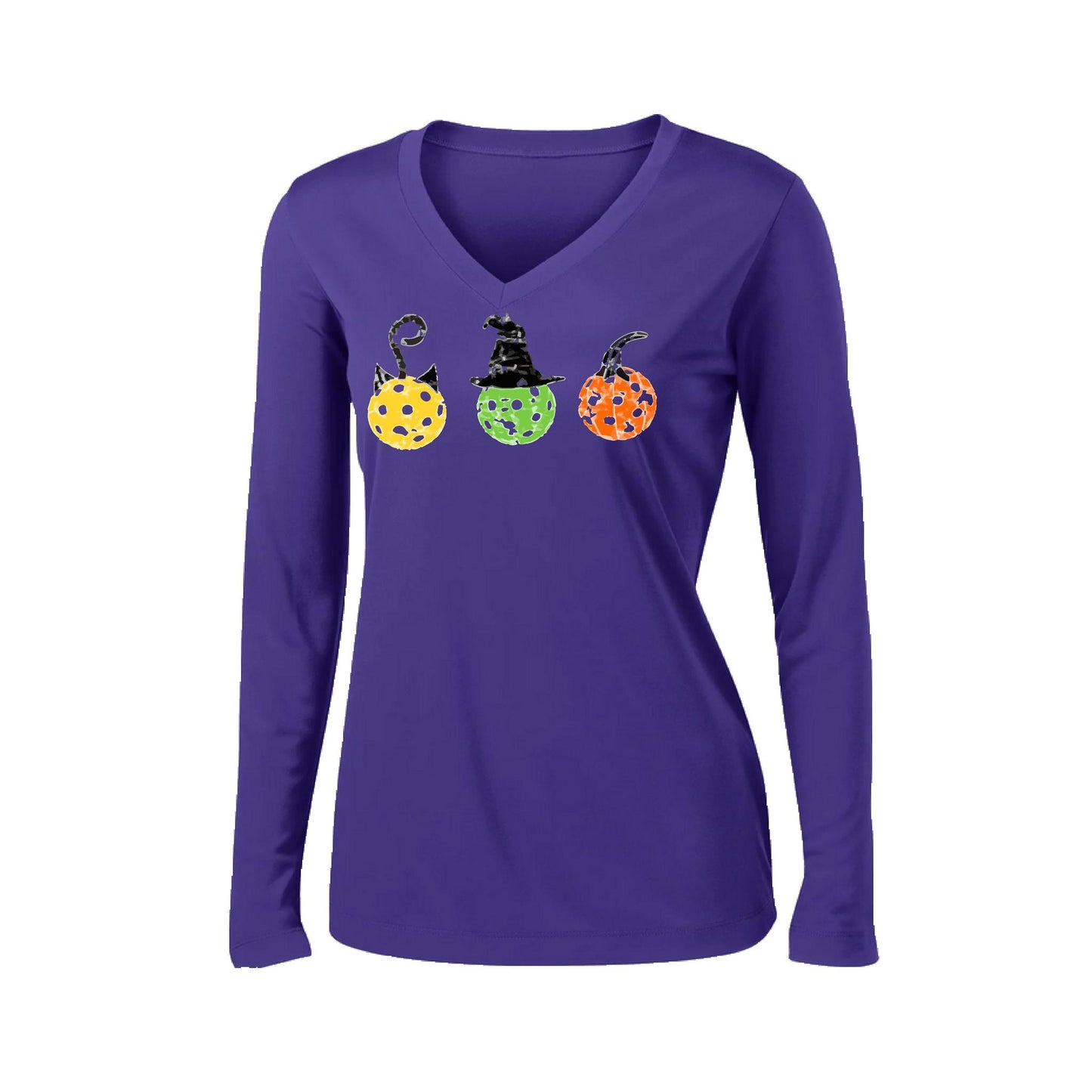 Cat Witch Pumpkin | Women’s Long Sleeve V-Neck Performance T-Shirt | 100% Polyester