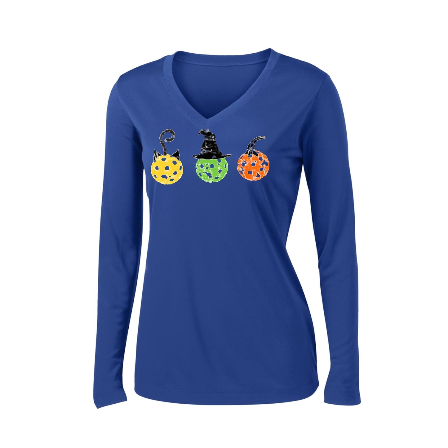 Cat Witch Pumpkin | Women’s Long Sleeve V-Neck Performance T-Shirt | 100% Polyester