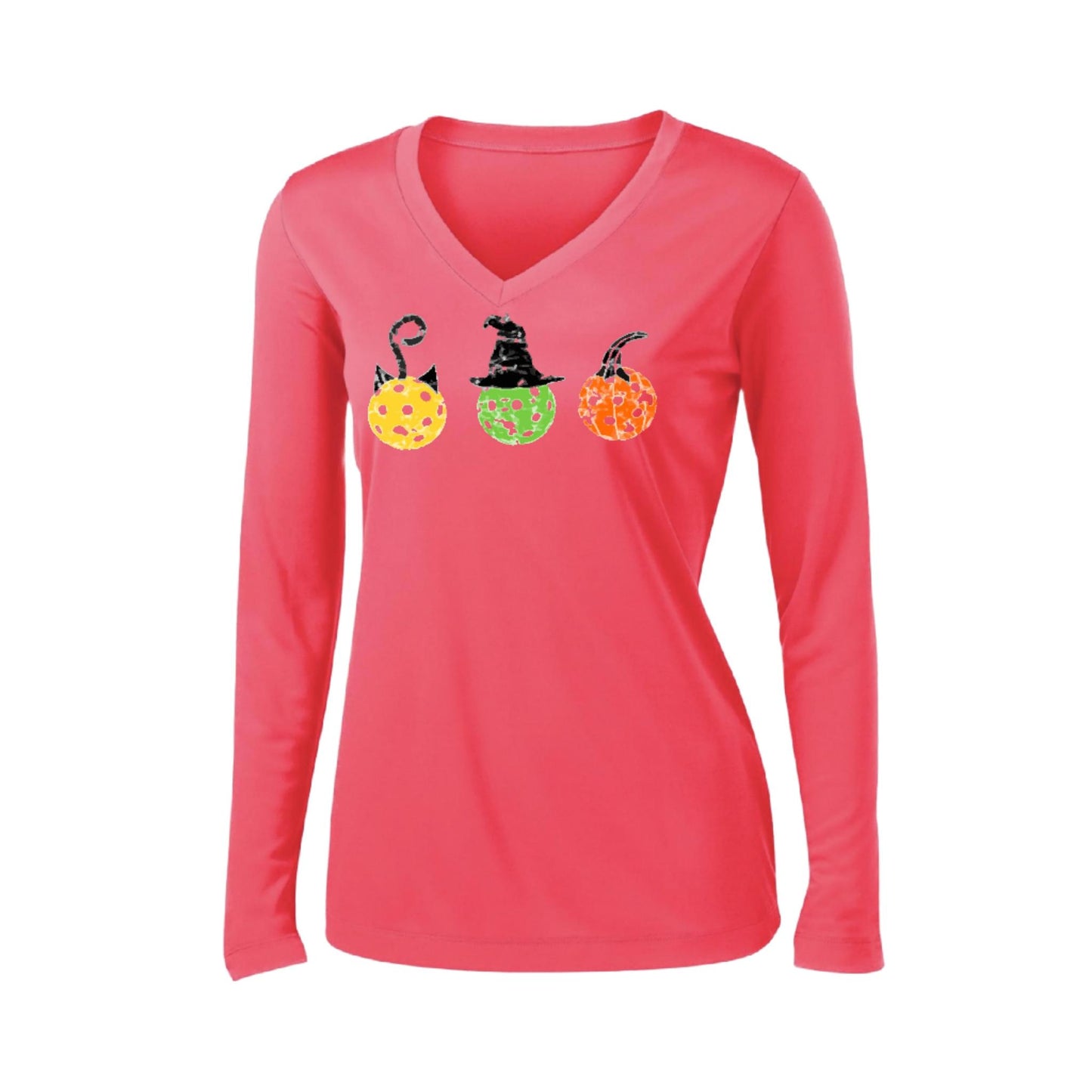 Cat Witch Pumpkin | Women’s Long Sleeve V-Neck Performance T-Shirt | 100% Polyester