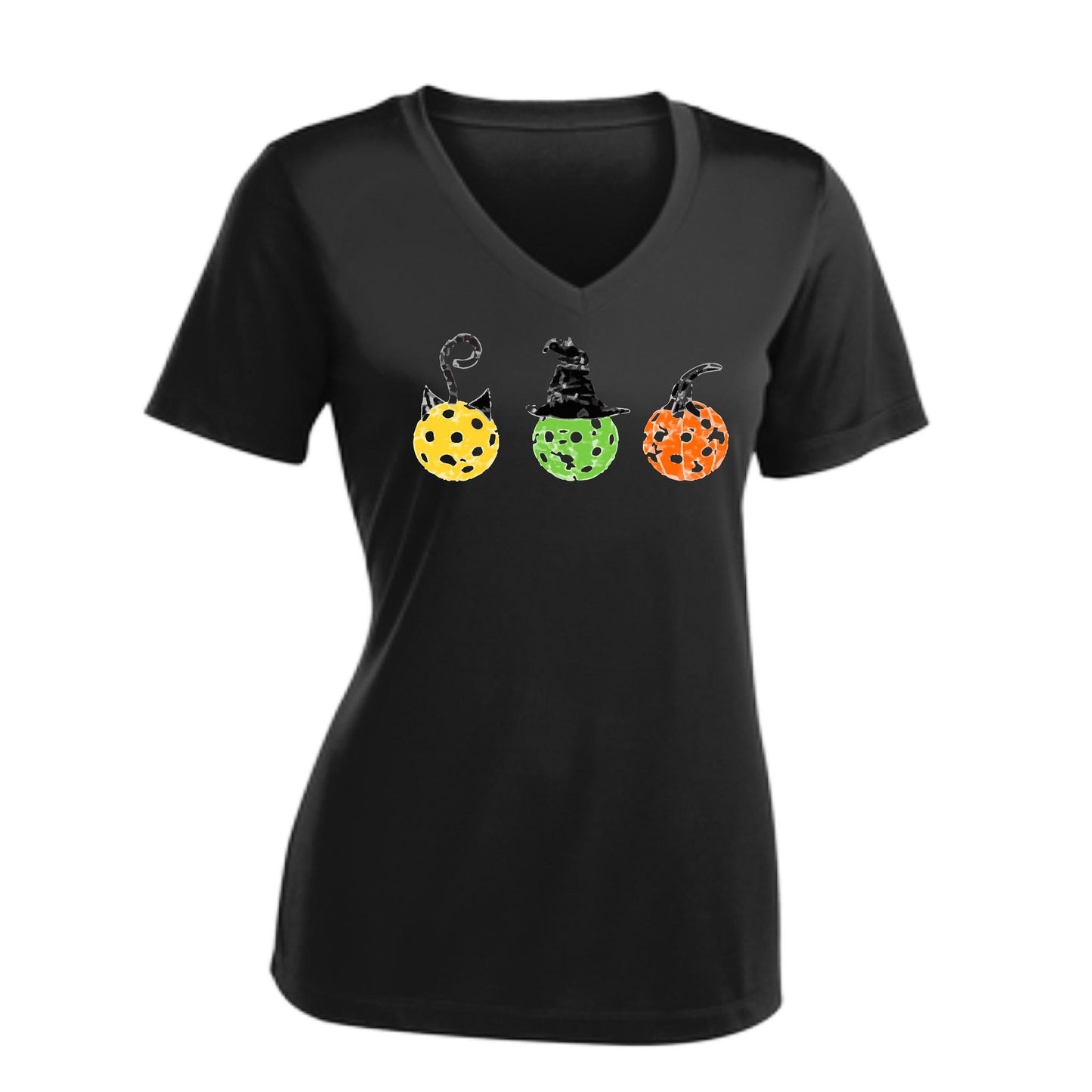 Cat Witch Pumpkin | Women's Short Sleeve V-Neck Pickleball Performance T-Shirts | 100% Polyester