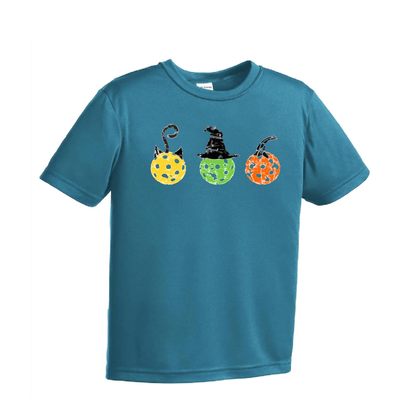 Cat Witch Pumpkin | Youth Short Sleeve Pickleball Performance T-Shirts | 100% Polyester
