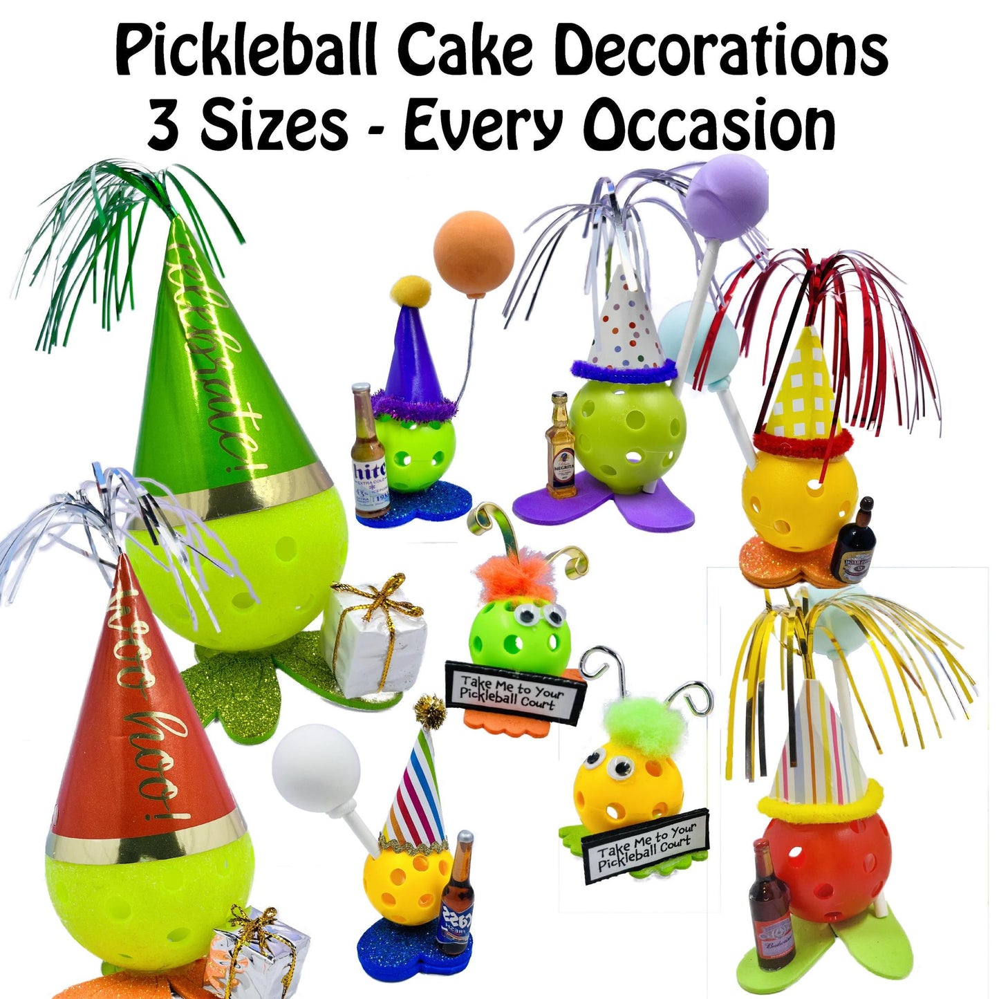 Celebration Pickleball Cake And Cupcake Toppers (Full Size Pickleballs) | Fun Pickleball Gifts