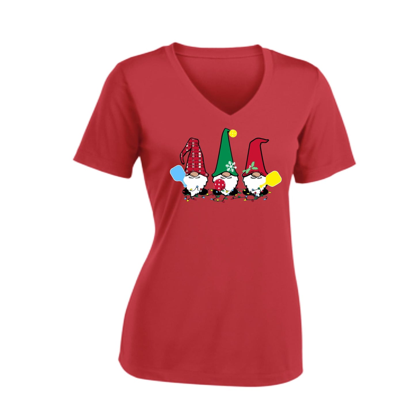 Christmas Gnomes | Clearance Women's Short Sleeve V-Neck Pickleball Performance T-Shirts | 100% Polyester