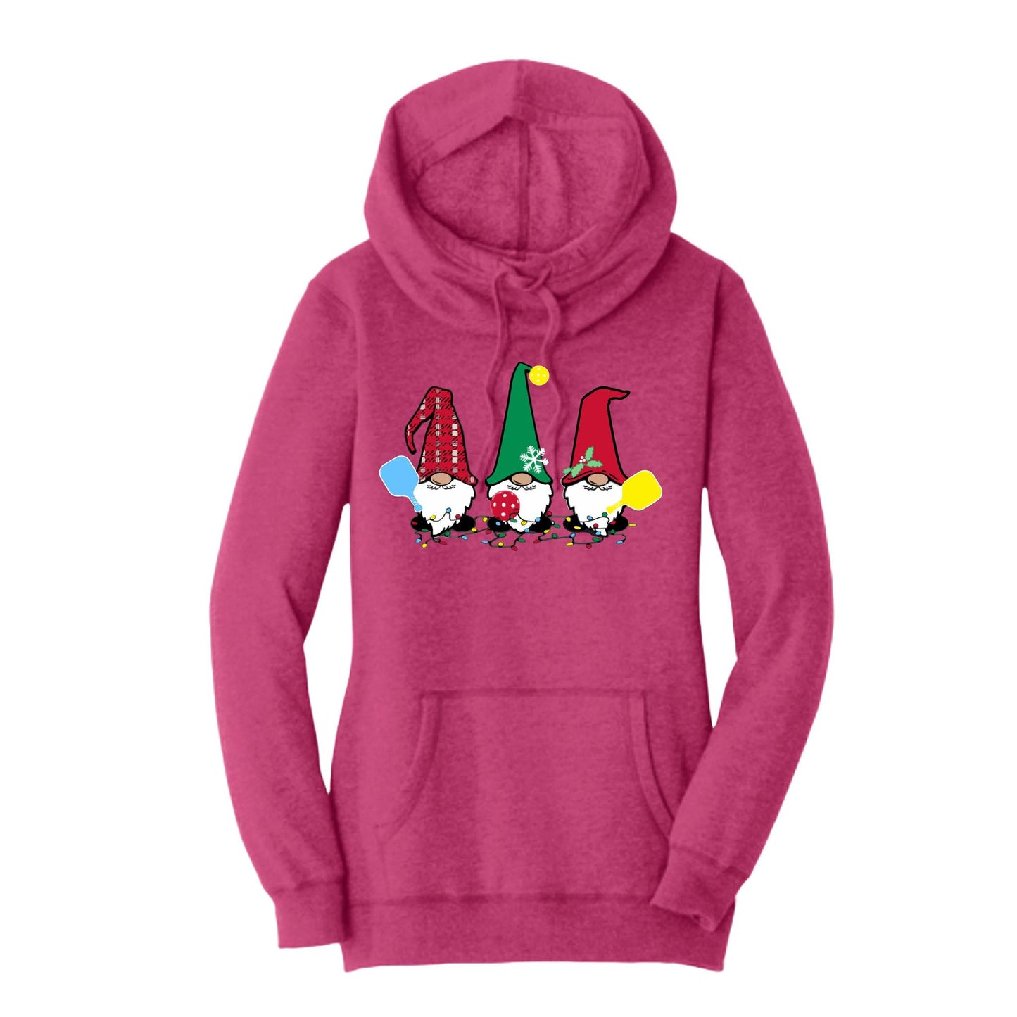 Christmas Gnomes | Women’s Cowl-Neck Hoodie Pickleball Sweatshirt | 55% Cotton 45% Poly Fleece