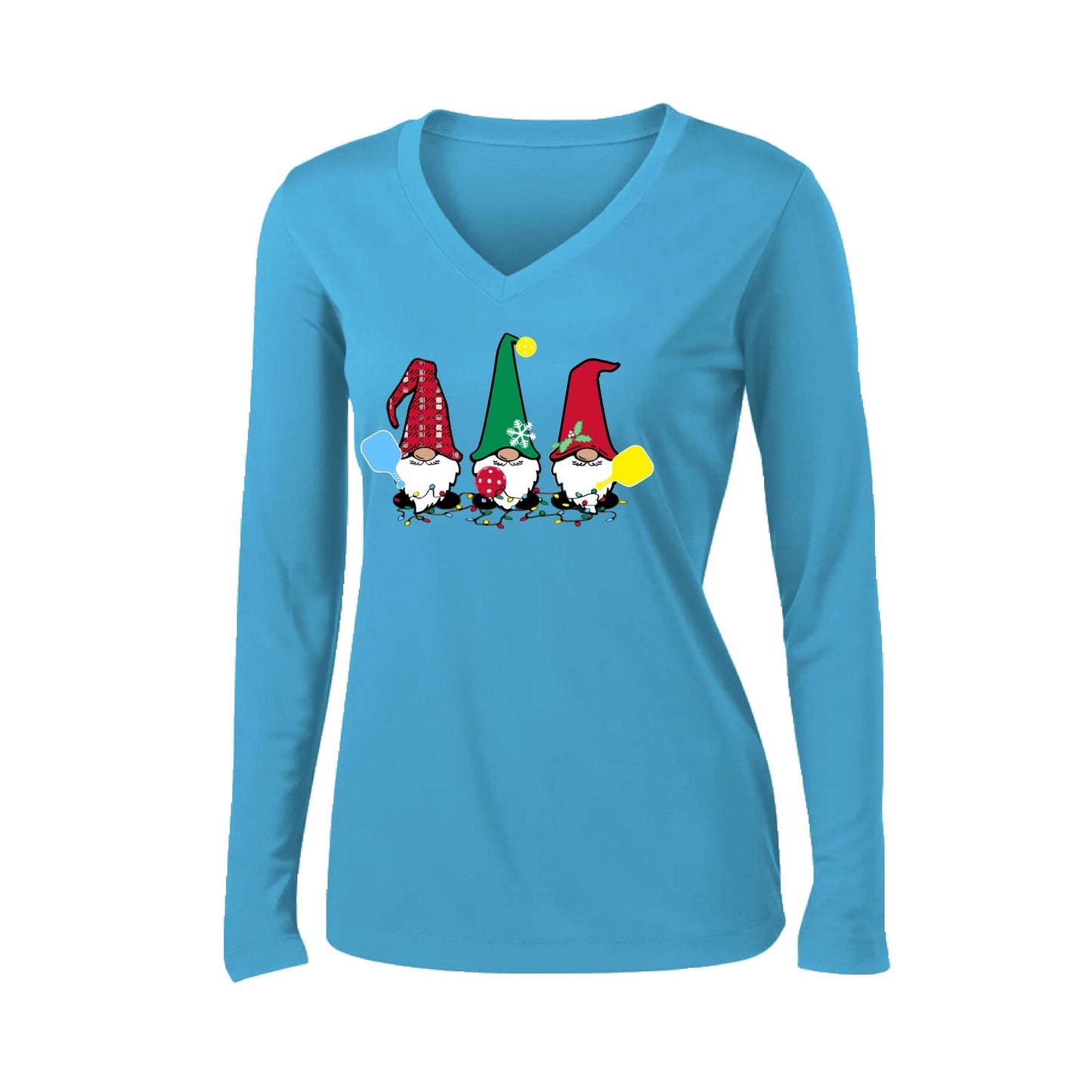 Christmas Gnomes | Women’s Long Sleeve V-Neck Performance T-Shirt | 100% Polyester