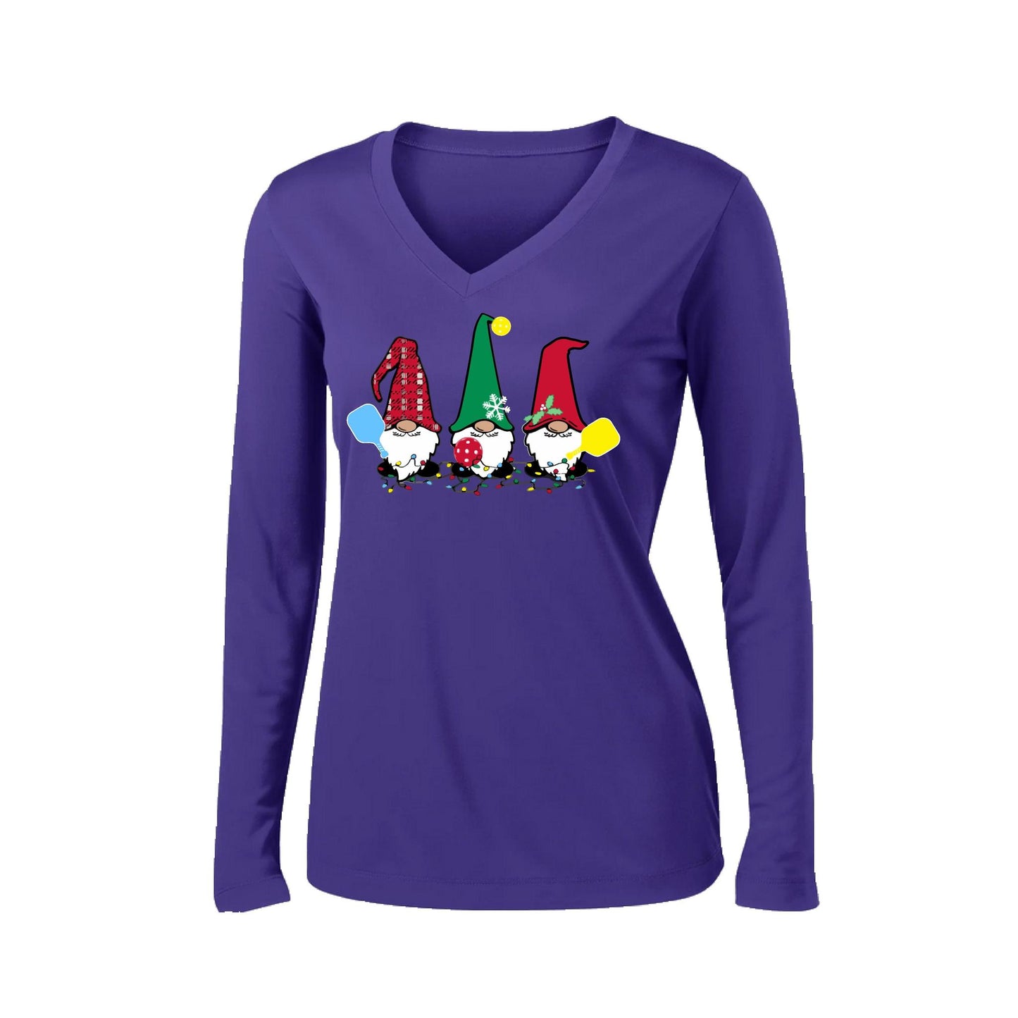 Christmas Gnomes | Women’s Long Sleeve V-Neck Performance T-Shirt | 100% Polyester