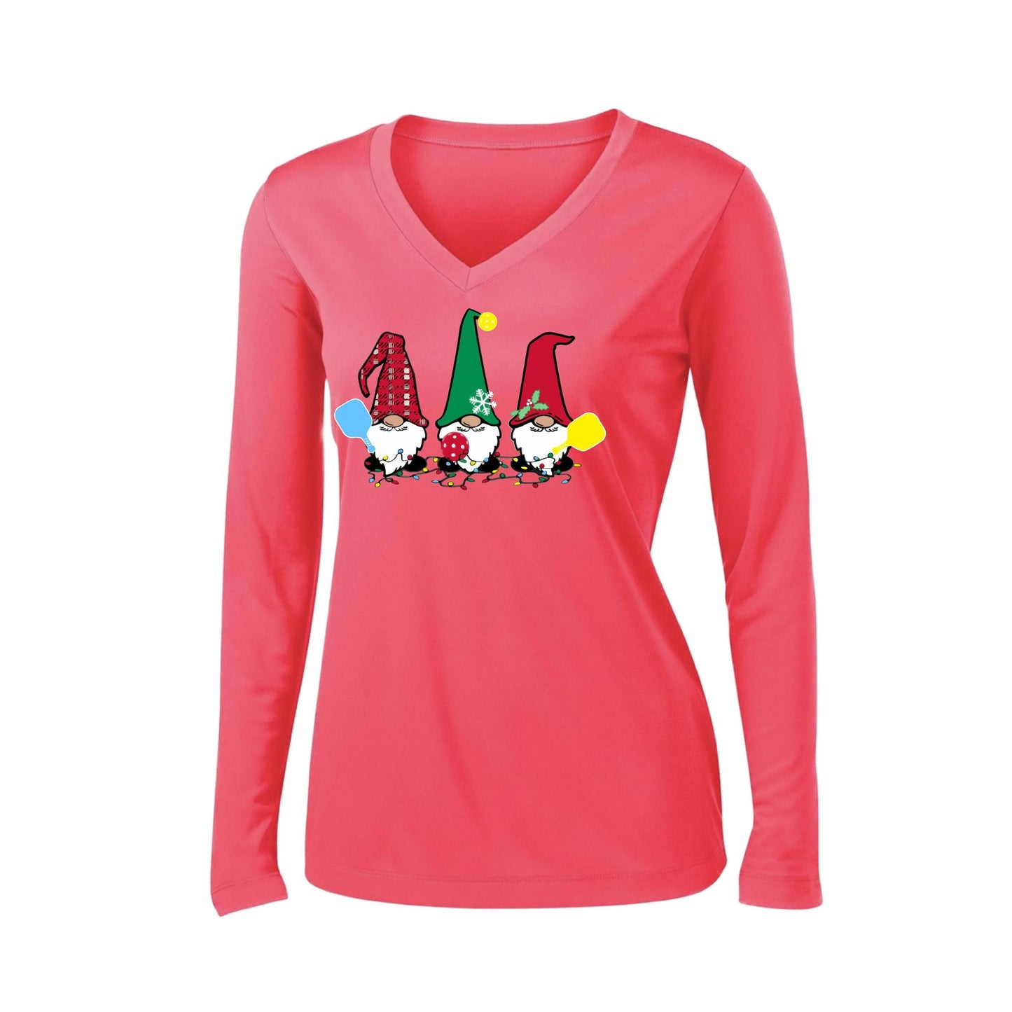 Christmas Gnomes | Women’s Long Sleeve V-Neck Performance T-Shirt | 100% Polyester