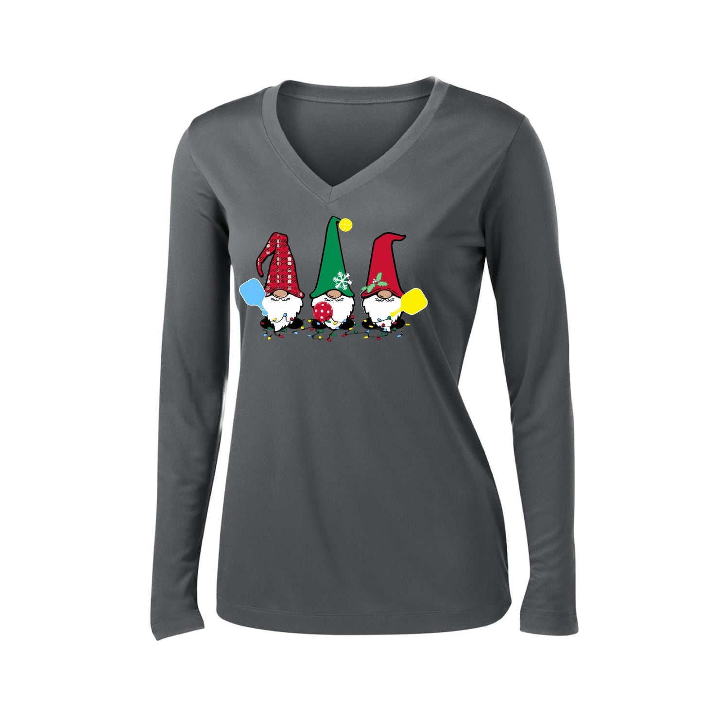 Christmas Gnomes | Women’s Long Sleeve V-Neck Performance T-Shirt | 100% Polyester