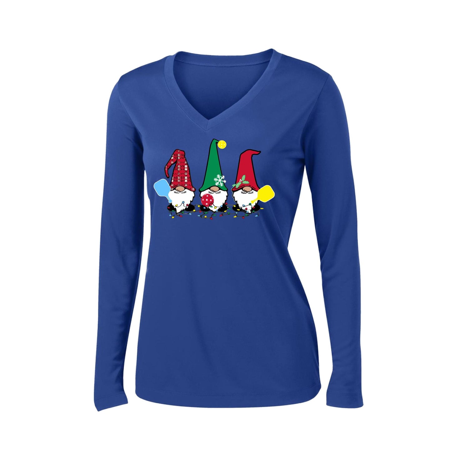 Christmas Gnomes | Women’s Long Sleeve V-Neck Performance T-Shirt | 100% Polyester