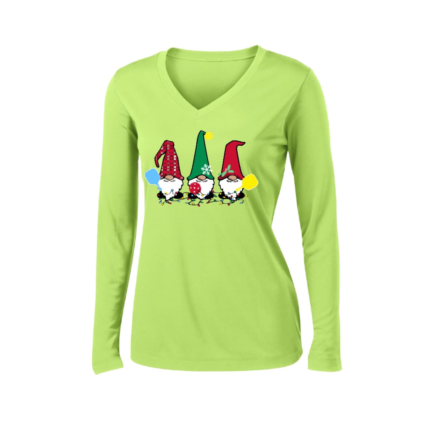 Christmas Gnomes | Women’s Long Sleeve V-Neck Performance T-Shirt | 100% Polyester
