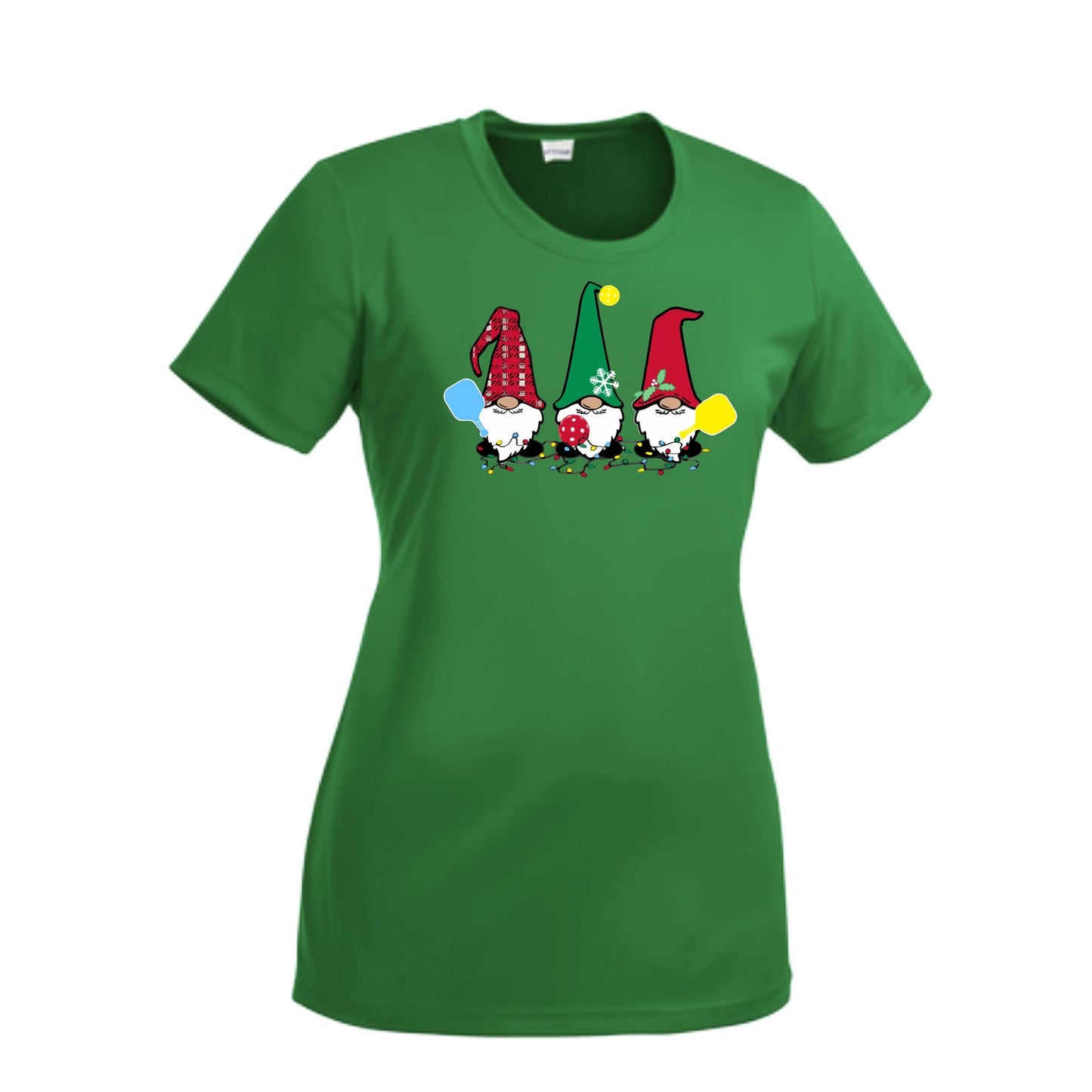 Christmas Gnomes | Women’s Short Sleeve Crewneck Pickleball Performance T-Shirts | 100% Polyester