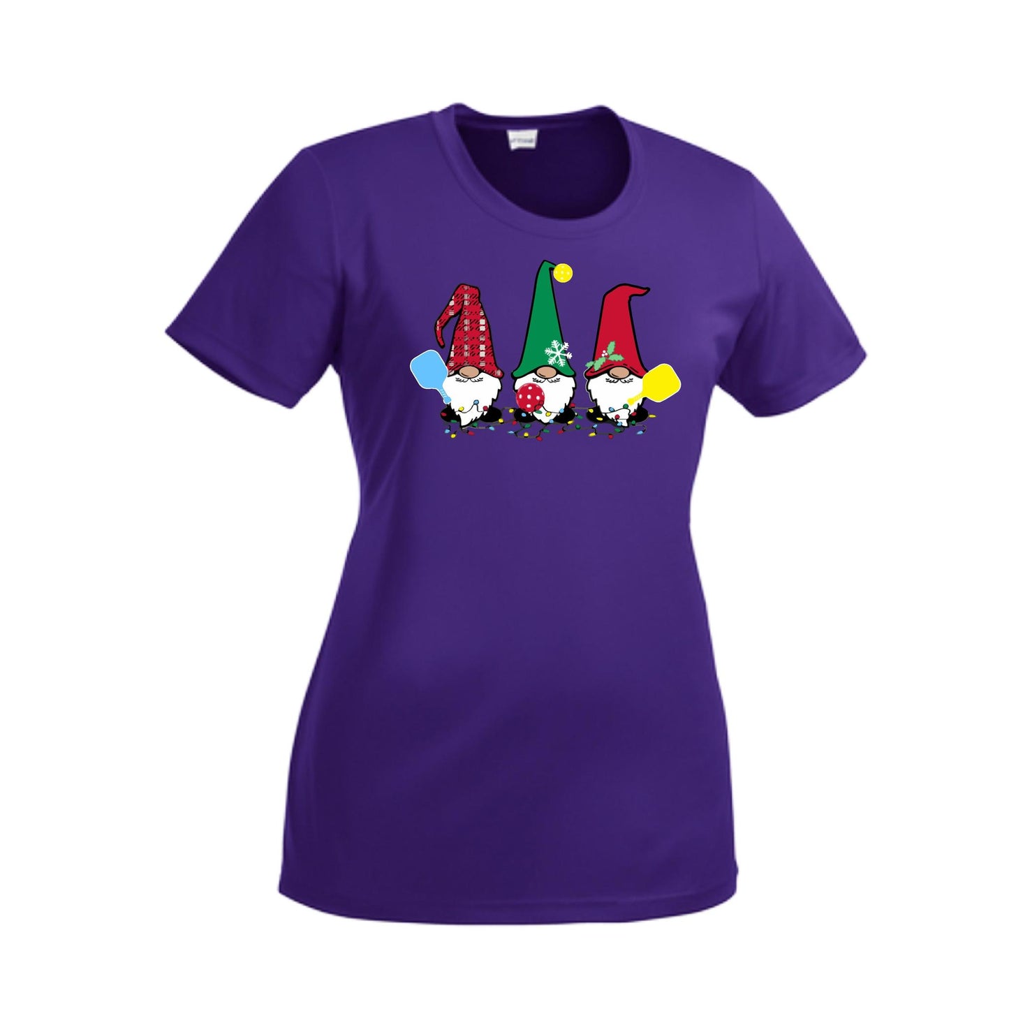 Christmas Gnomes | Women’s Short Sleeve Crewneck Pickleball Performance T-Shirts | 100% Polyester