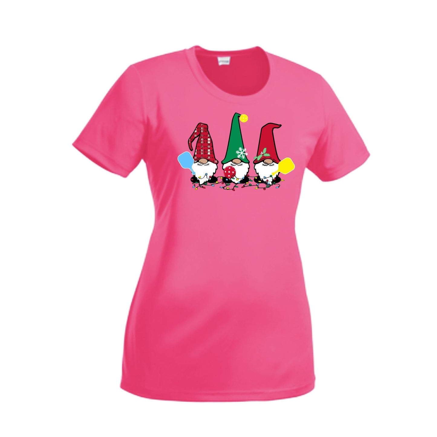 Christmas Gnomes | Women’s Short Sleeve Crewneck Pickleball Performance T-Shirts | 100% Polyester