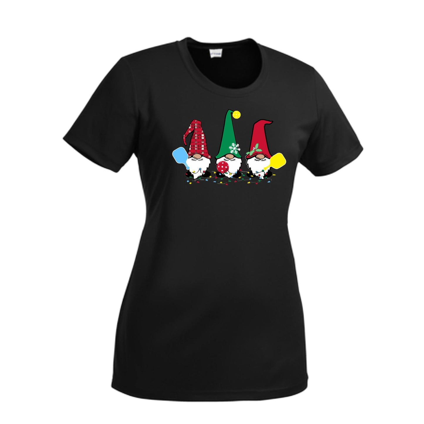 Christmas Gnomes | Women’s Short Sleeve Crewneck Pickleball Performance T-Shirts | 100% Polyester
